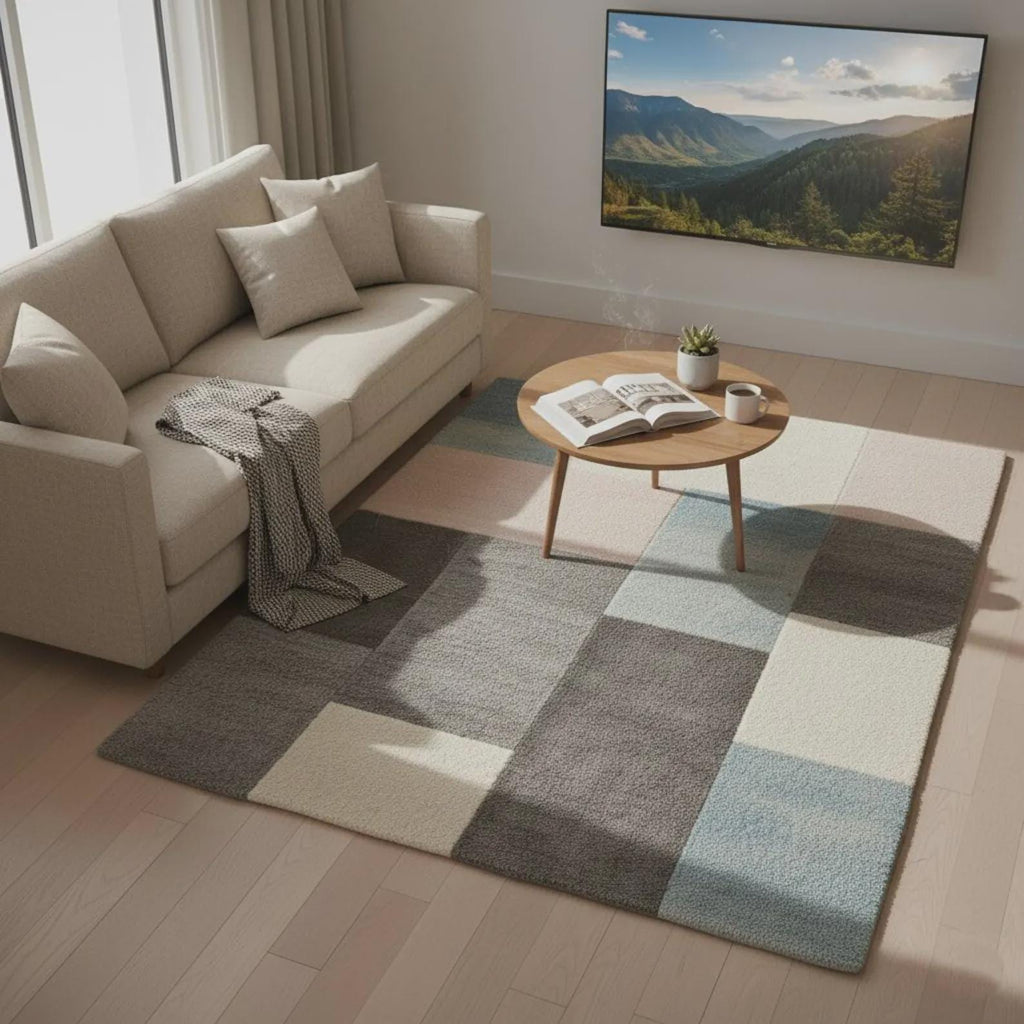 Grey Abstract Area Rug – Designer Wool Carpet for Living Room – Modern Curved Shape Pattern