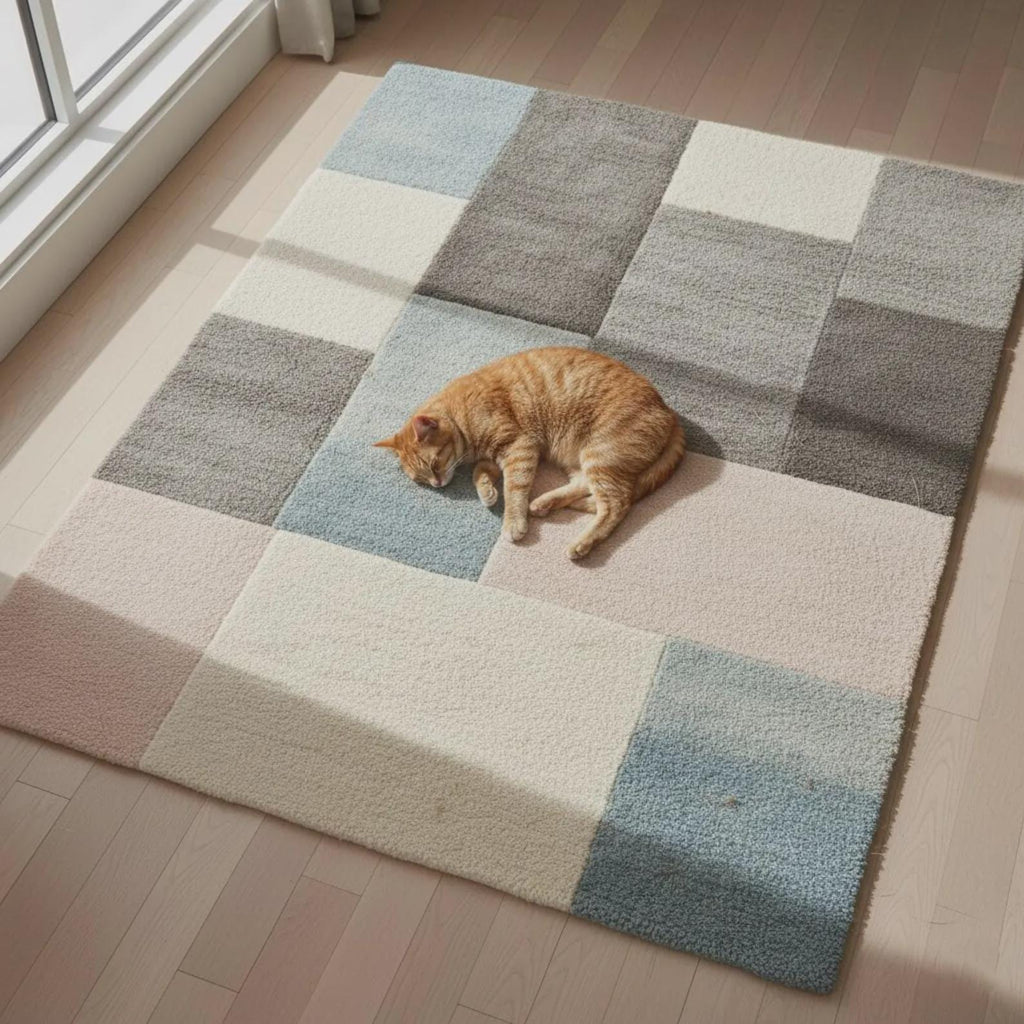 Grey Abstract Area Rug – Designer Wool Carpet for Living Room – Modern Curved Shape Pattern
