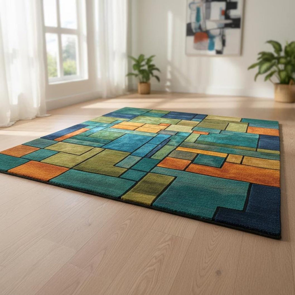 Geometric Block Rug – Teal Green Orange Modern Area Rug – Abstract Colorful Carpet Teppich