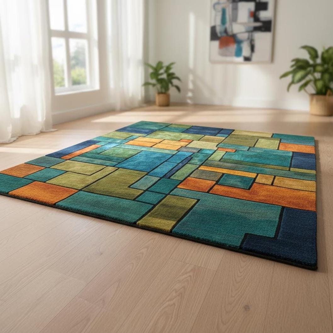 Geometric Block Rug – Teal Green Orange Modern Area Rug – Abstract Colorful Carpet Teppich
