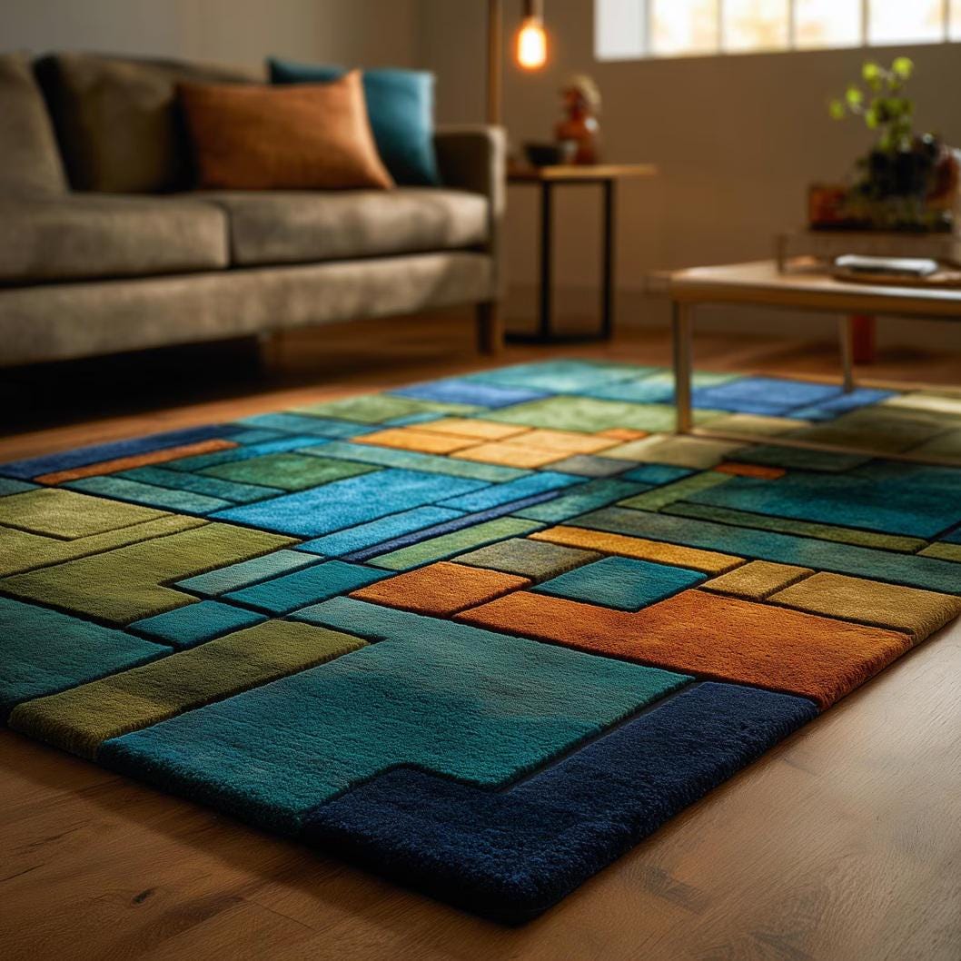 Geometric Block Rug – Teal Green Orange Modern Area Rug – Abstract Colorful Carpet Teppich