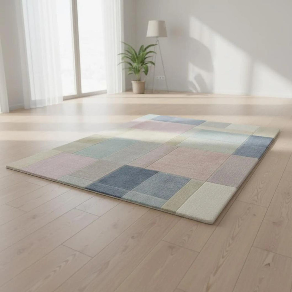 Pastel Geometric Rug: Hand-Woven Muted Color Block Plush Decor | Mid Century Wavy Abstract Rug, Retro Geometric Pattern Carpet