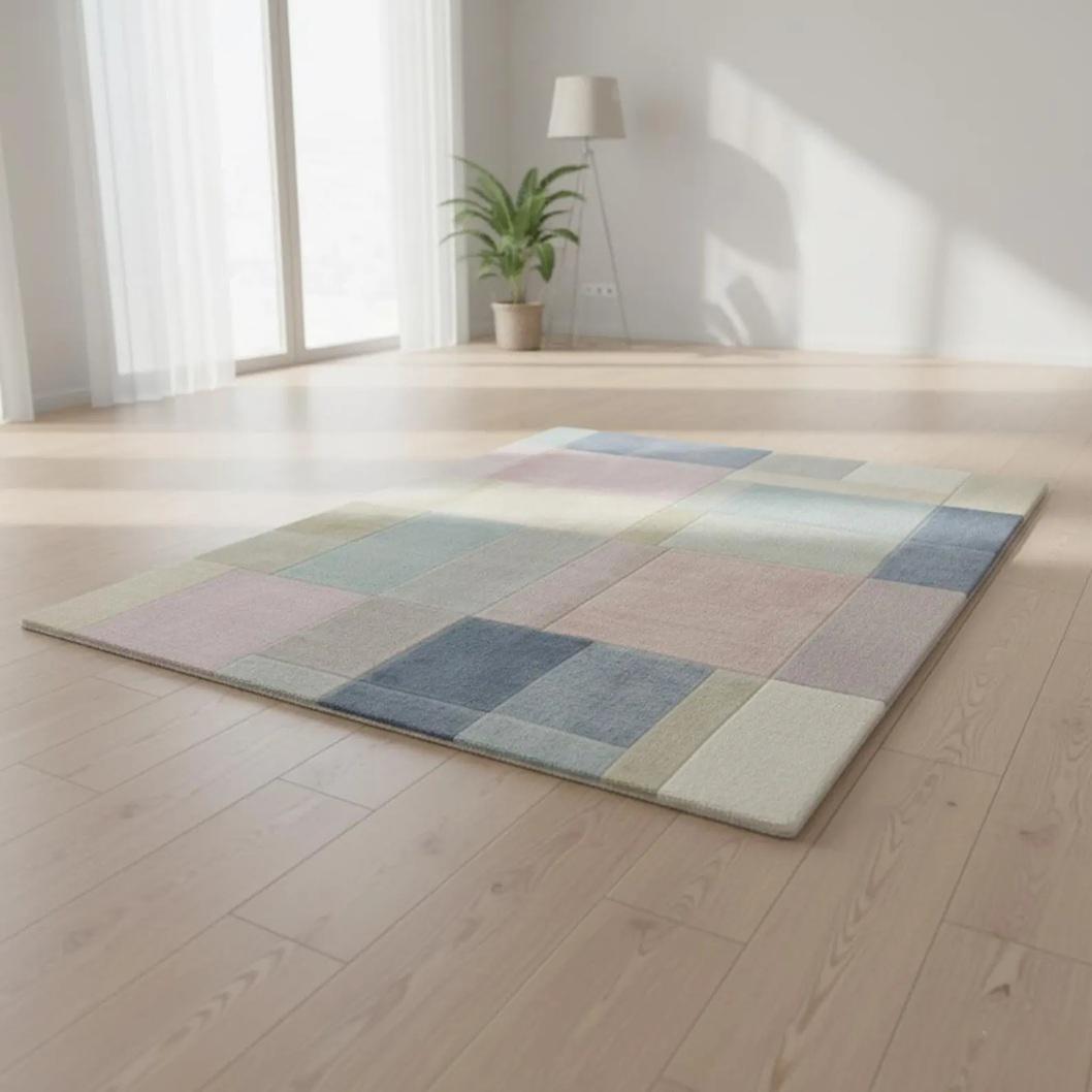 Pastel Geometric Rug: Hand-Woven Muted Color Block Plush Decor | Mid Century Wavy Abstract Rug, Retro Geometric Pattern Carpet