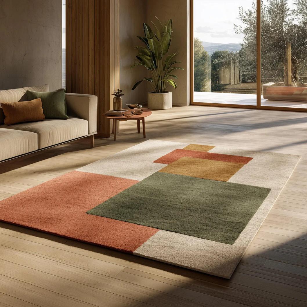 Modern Geometric Area Rug | Abstract Color Block Carpet for Living Room | Handmade Wool Rug | Mid Century Modern Decor | large Floor Mat
