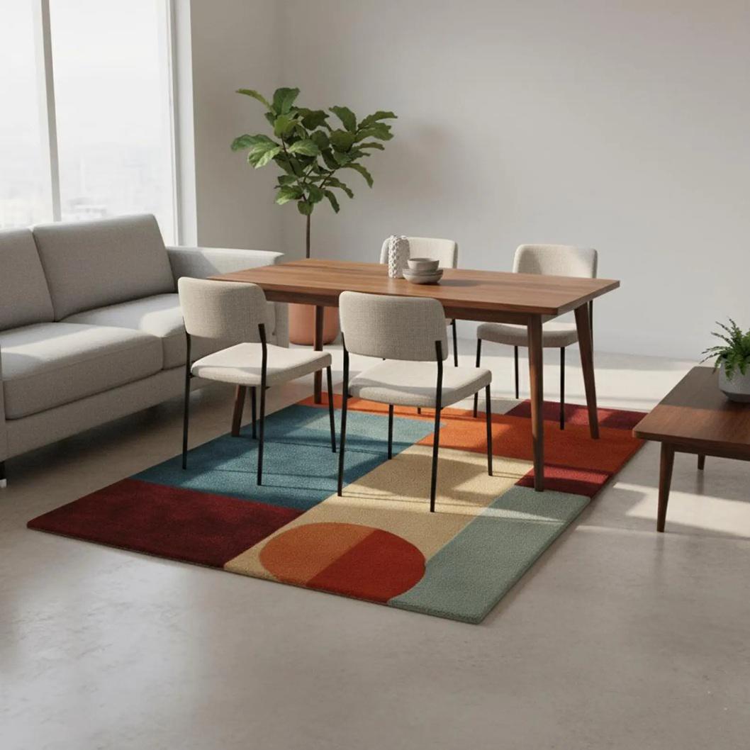 Modern Geometric Area Rug – Mid Century Abstract Carpet in Orange Rust & Beige, Living Room Accent Rug, Contemporary Color Block Floor