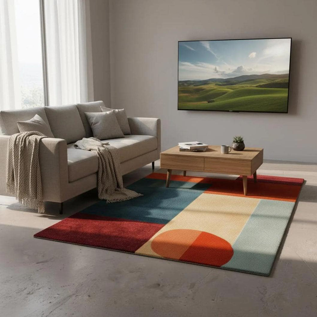 Modern Geometric Area Rug – Mid Century Abstract Carpet in Orange Rust & Beige, Living Room Accent Rug, Contemporary Color Block Floor