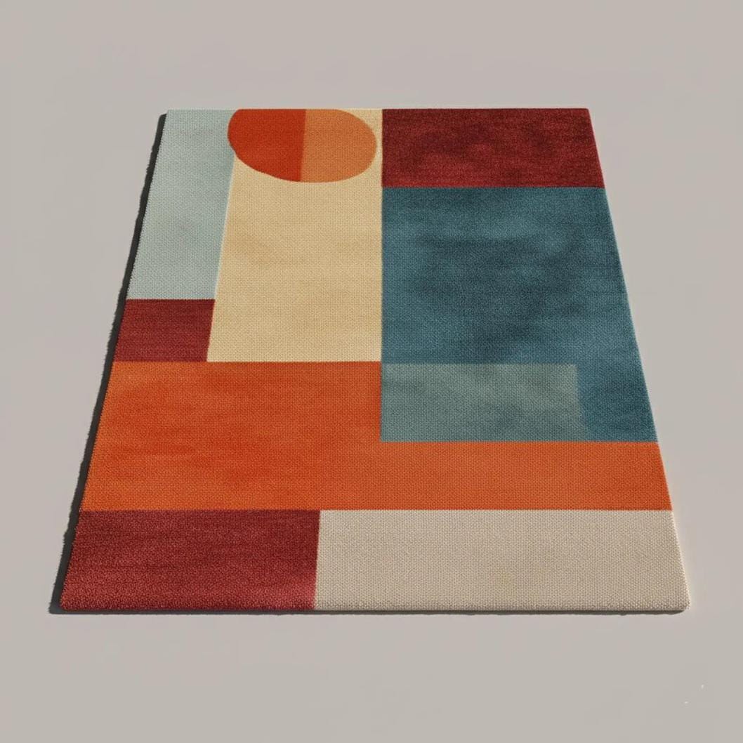 Modern Geometric Area Rug – Mid Century Abstract Carpet in Orange Rust & Beige, Living Room Accent Rug, Contemporary Color Block Floor
