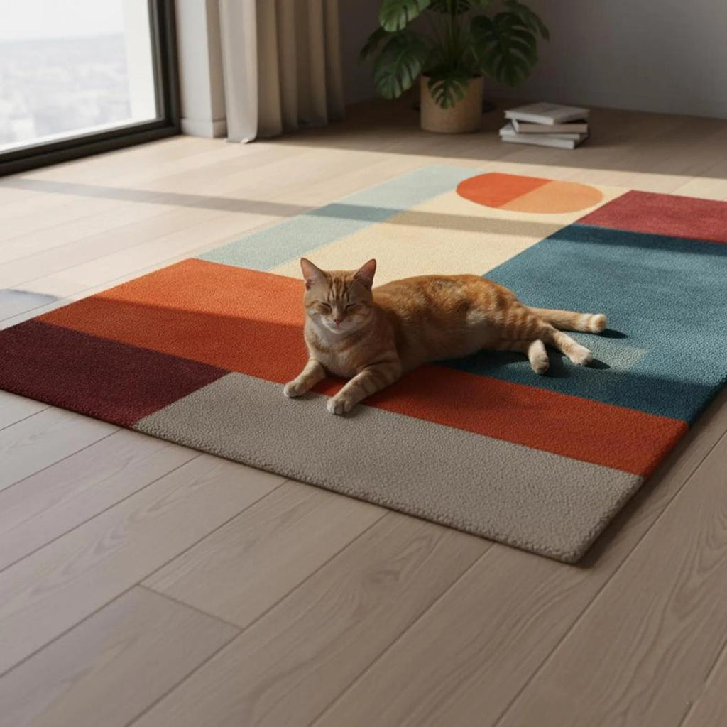 Modern Geometric Area Rug – Mid Century Abstract Carpet in Orange Rust & Beige, Living Room Accent Rug, Contemporary Color Block Floor