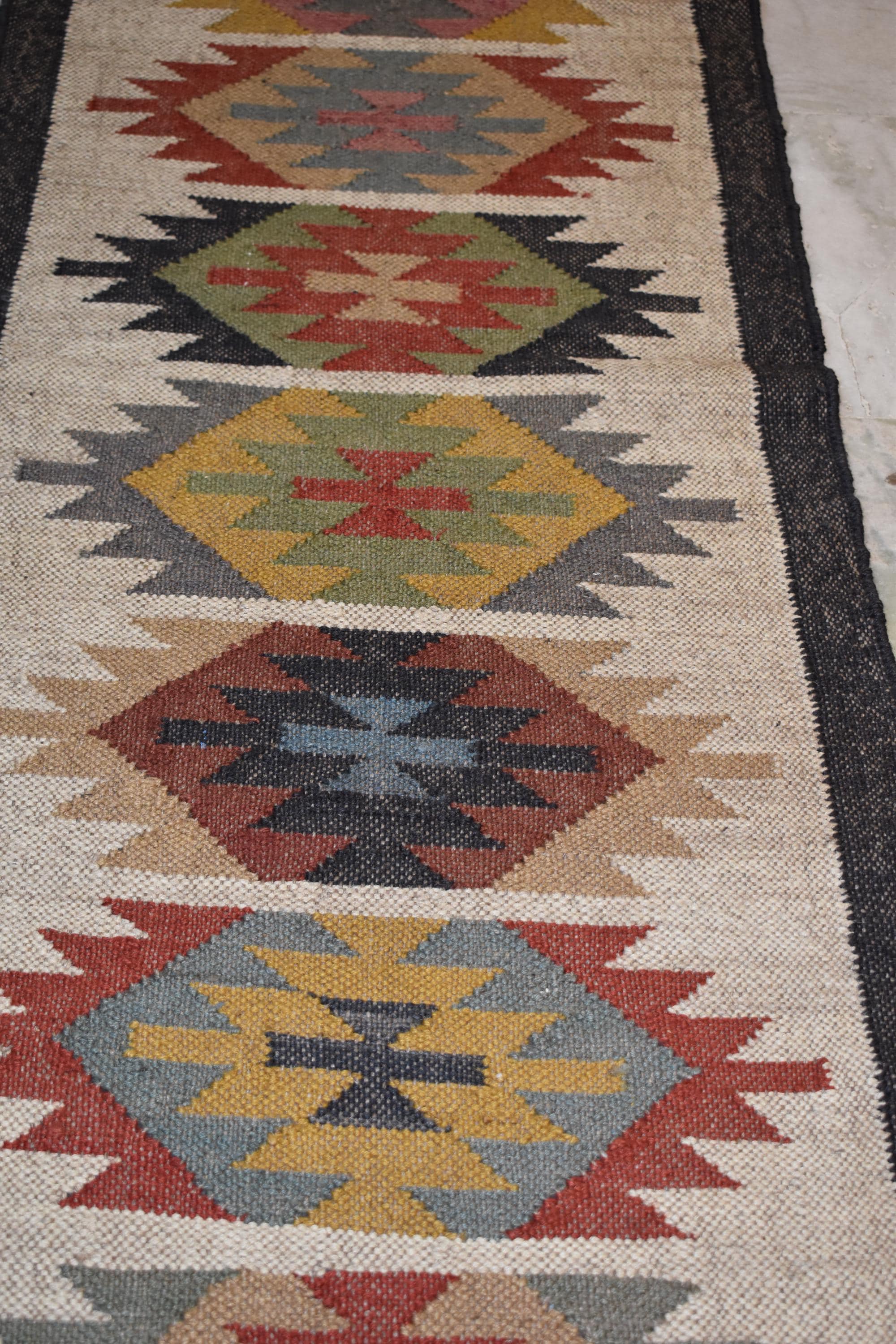 Handwoven Wool Jute Runner Rug | Colorful Diamond Dhurrie