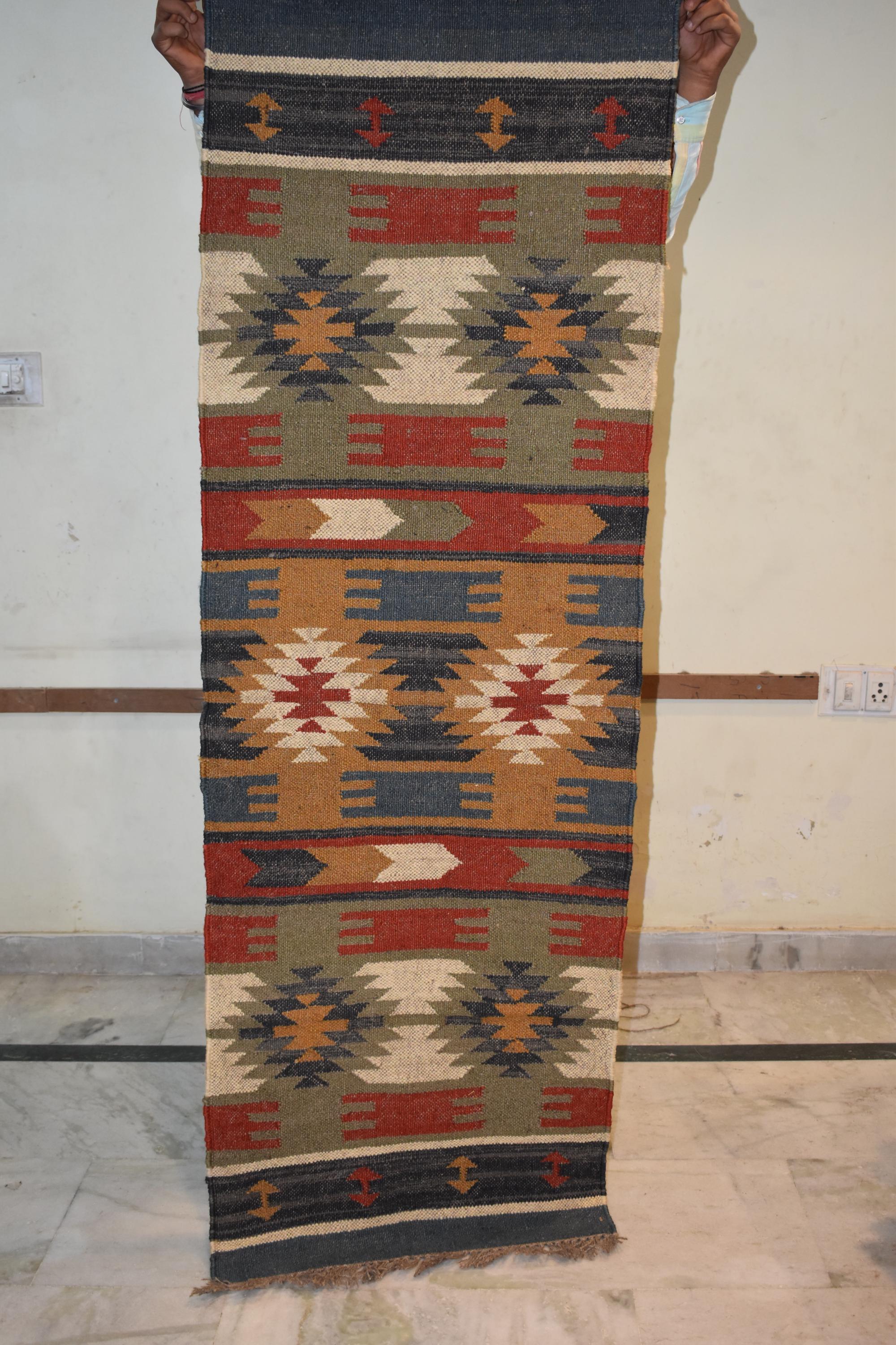 Handwoven Wool & Jute Kilim Runner Rug | Tribal Geometric Pattern | Natural Eco-Friendly Boho Rug | Rustic Hallway Carpet