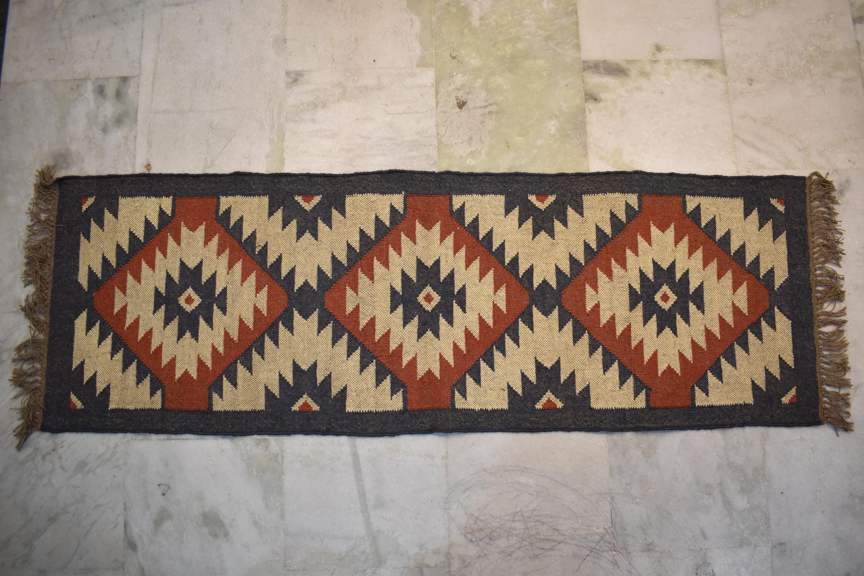 Handwoven Wool & Jute Kilim Runner Rug | Tribal Diamond Pattern | Rustic Boho Hallway Runner | Natural Flatweave Rug