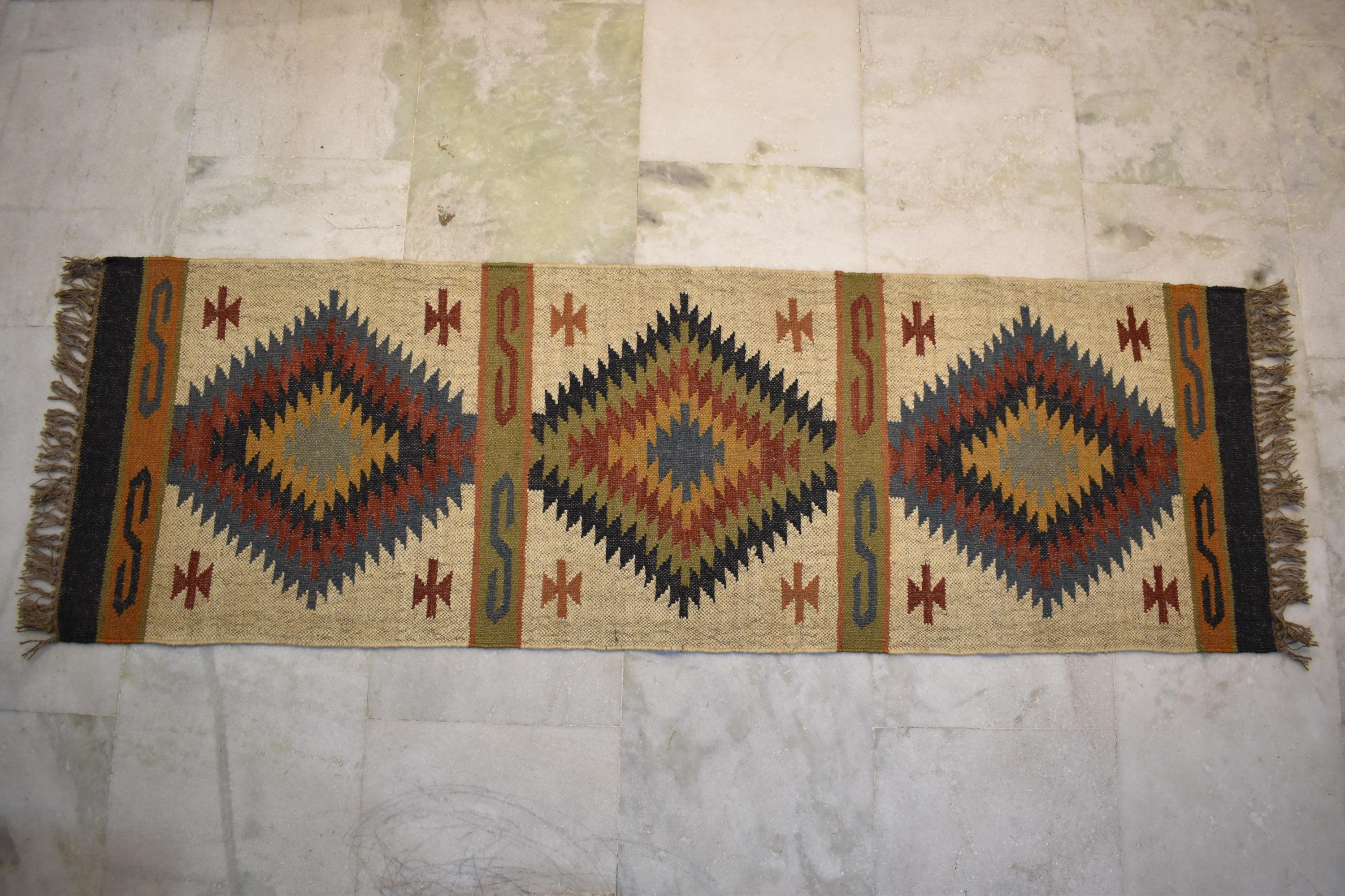 Wool & Jute Kilim Runner Rug | Tribal Diamond Pattern | Rustic Boho Hallway Runner | Natural Flatweave Rug