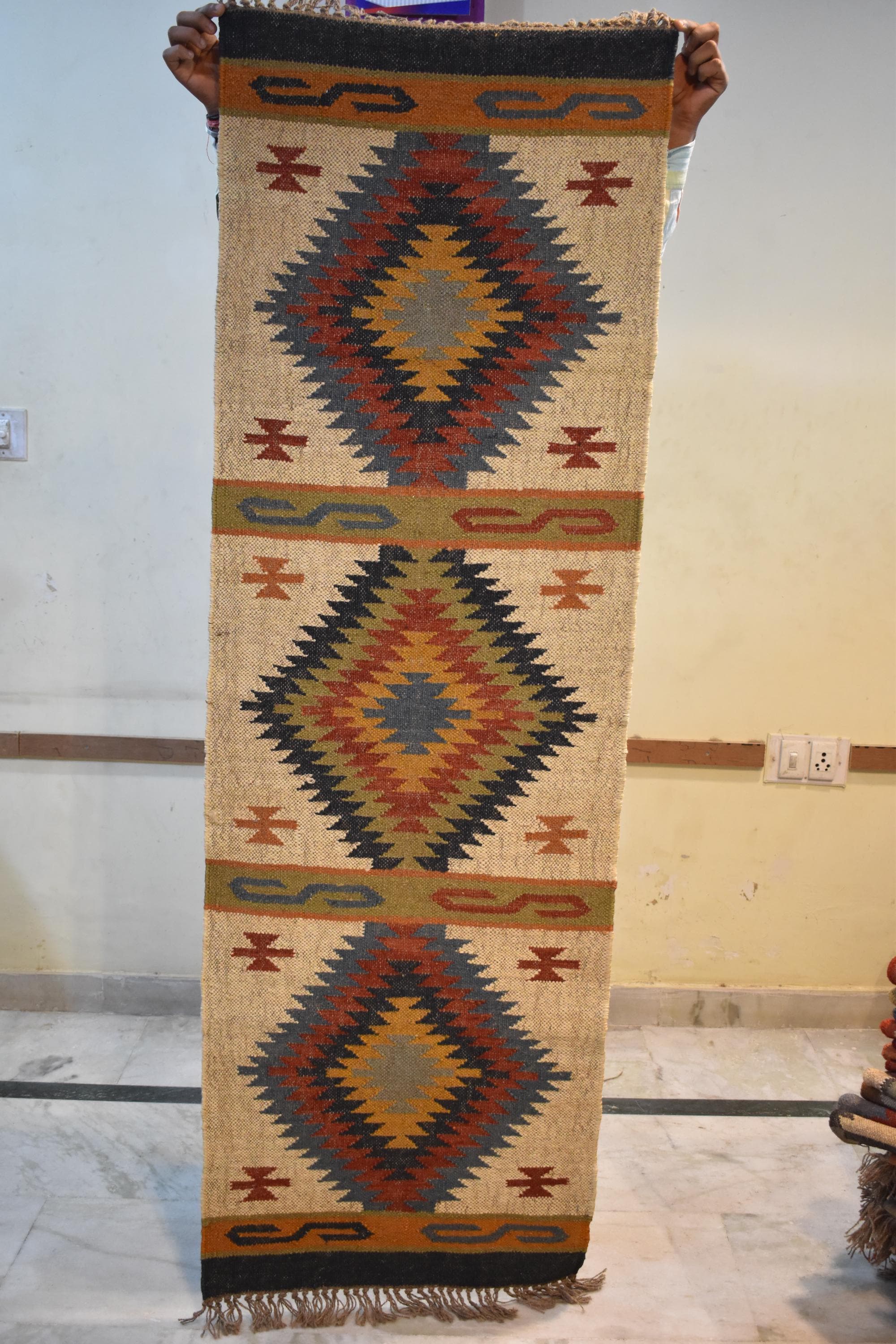 Wool & Jute Kilim Runner Rug | Tribal Diamond Pattern | Rustic Boho Hallway Runner | Natural Flatweave Rug