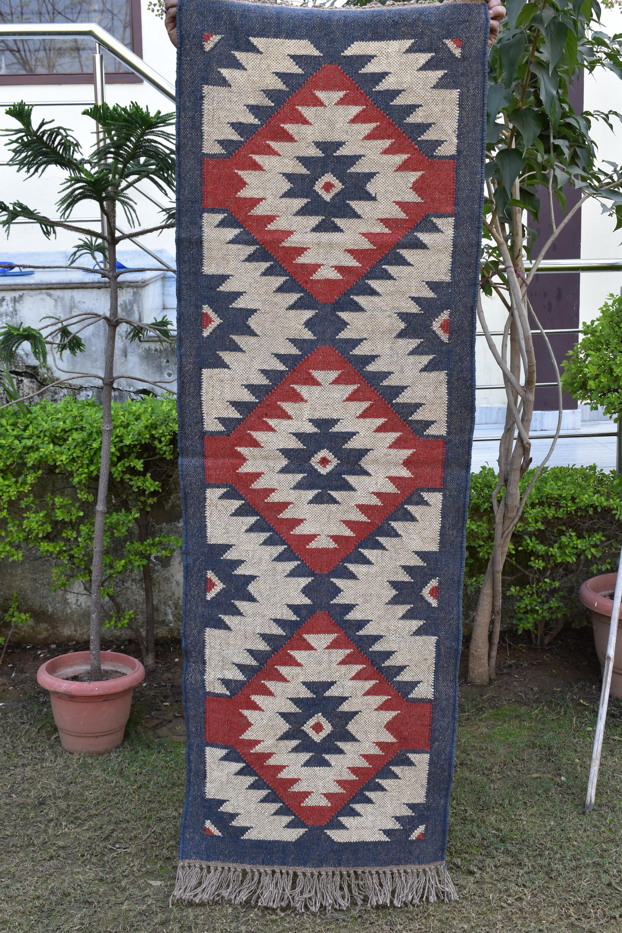 White Handwoven Wool & Jute Kilim Runner Rug | Tribal Diamond Geometric Hallway Rug | Wool Jute Kilim Runner