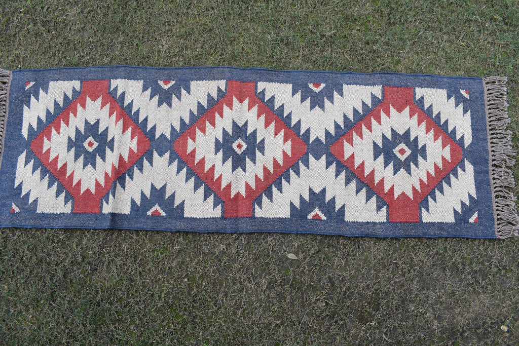 White Handwoven Wool & Jute Kilim Runner Rug | Tribal Diamond Geometric Hallway Rug | Wool Jute Kilim Runner
