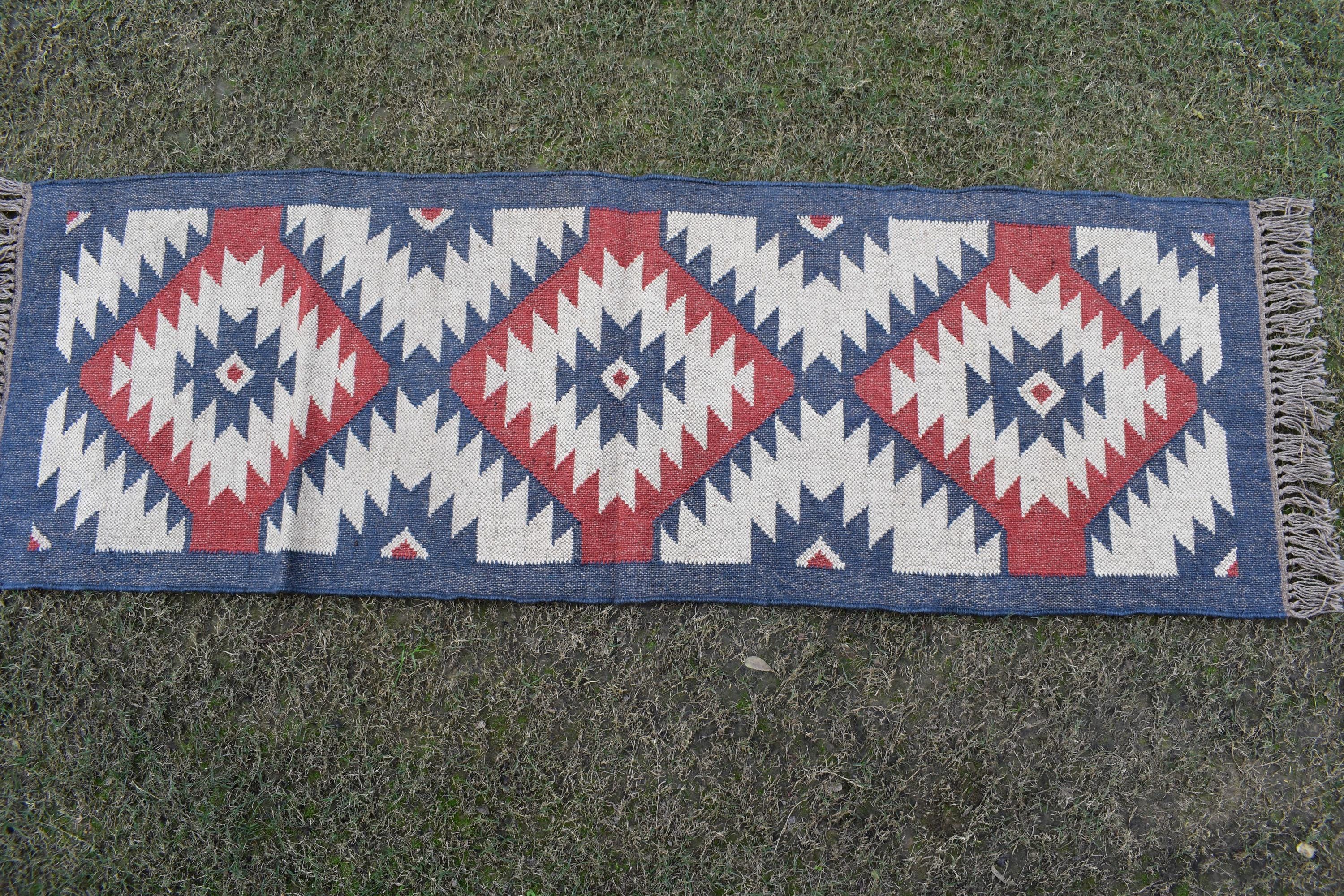 White Handwoven Wool & Jute Kilim Runner Rug | Tribal Diamond Geometric Hallway Rug | Wool Jute Kilim Runner