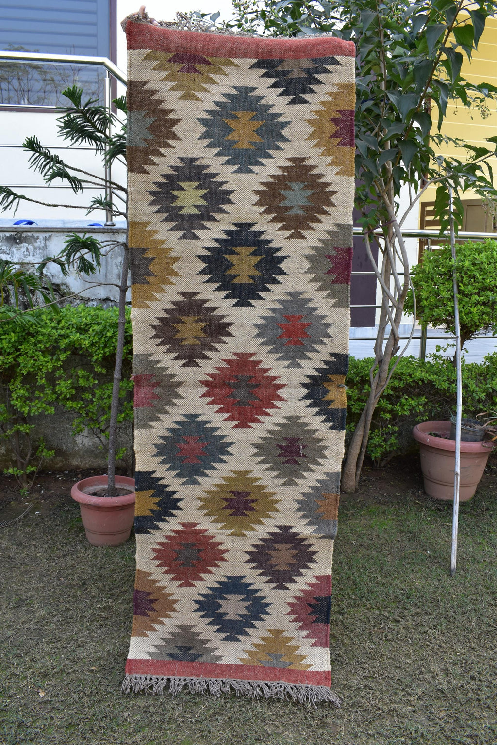 Wool & Jute Kilim Runner Rug | Handwoven Tribal Geometric Hallway Runner | Handwoven Wool Runner