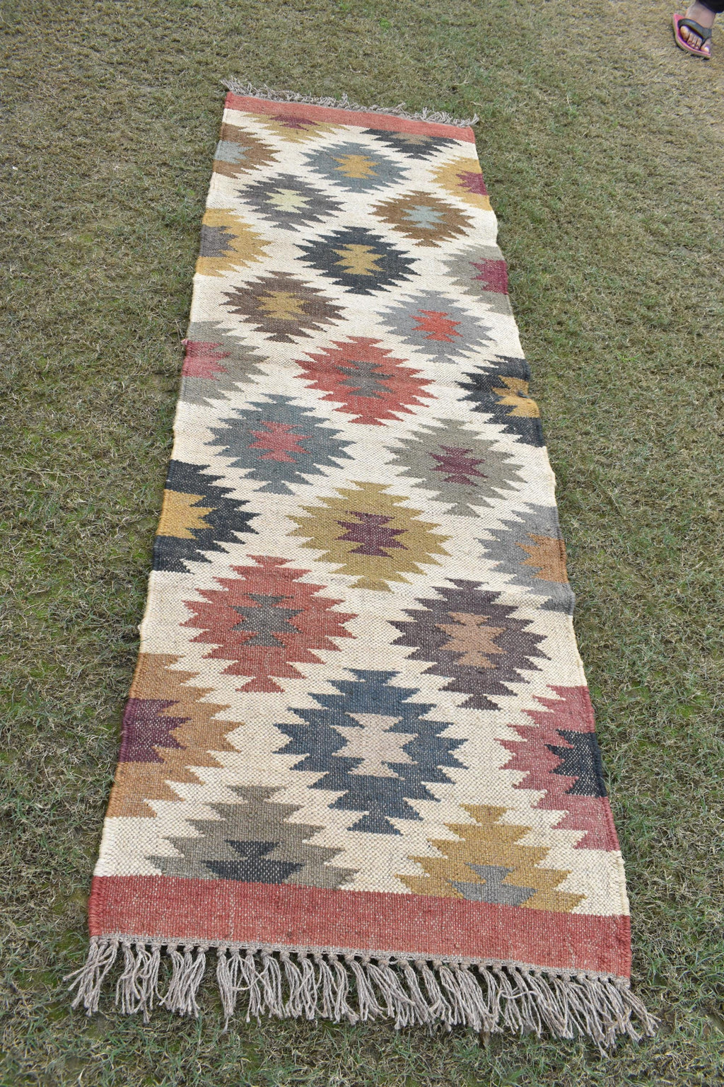 Wool & Jute Kilim Runner Rug | Handwoven Tribal Geometric Hallway Runner | Handwoven Wool Runner