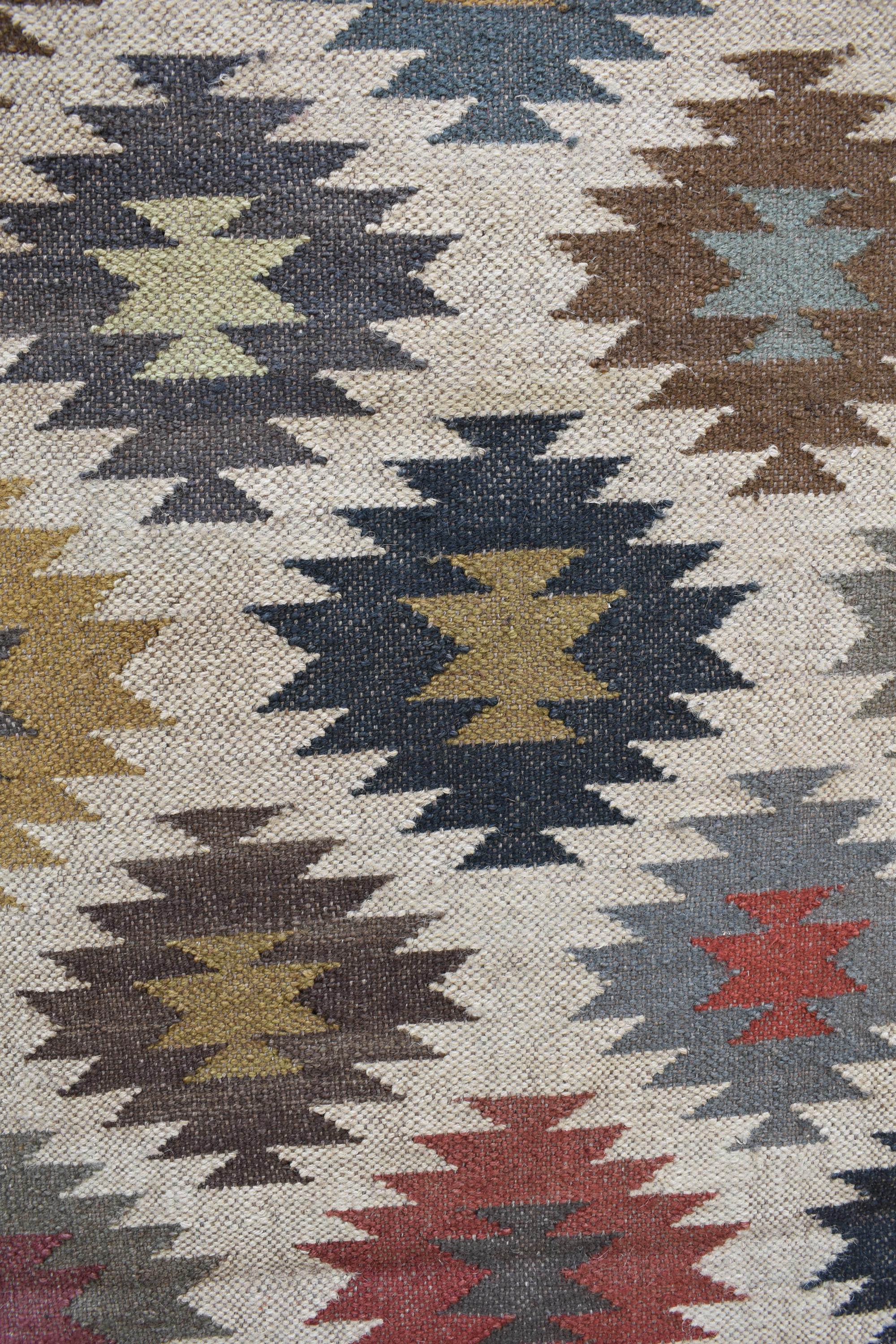 Wool & Jute Kilim Runner Rug | Handwoven Tribal Geometric Hallway Runner | Handwoven Wool Runner