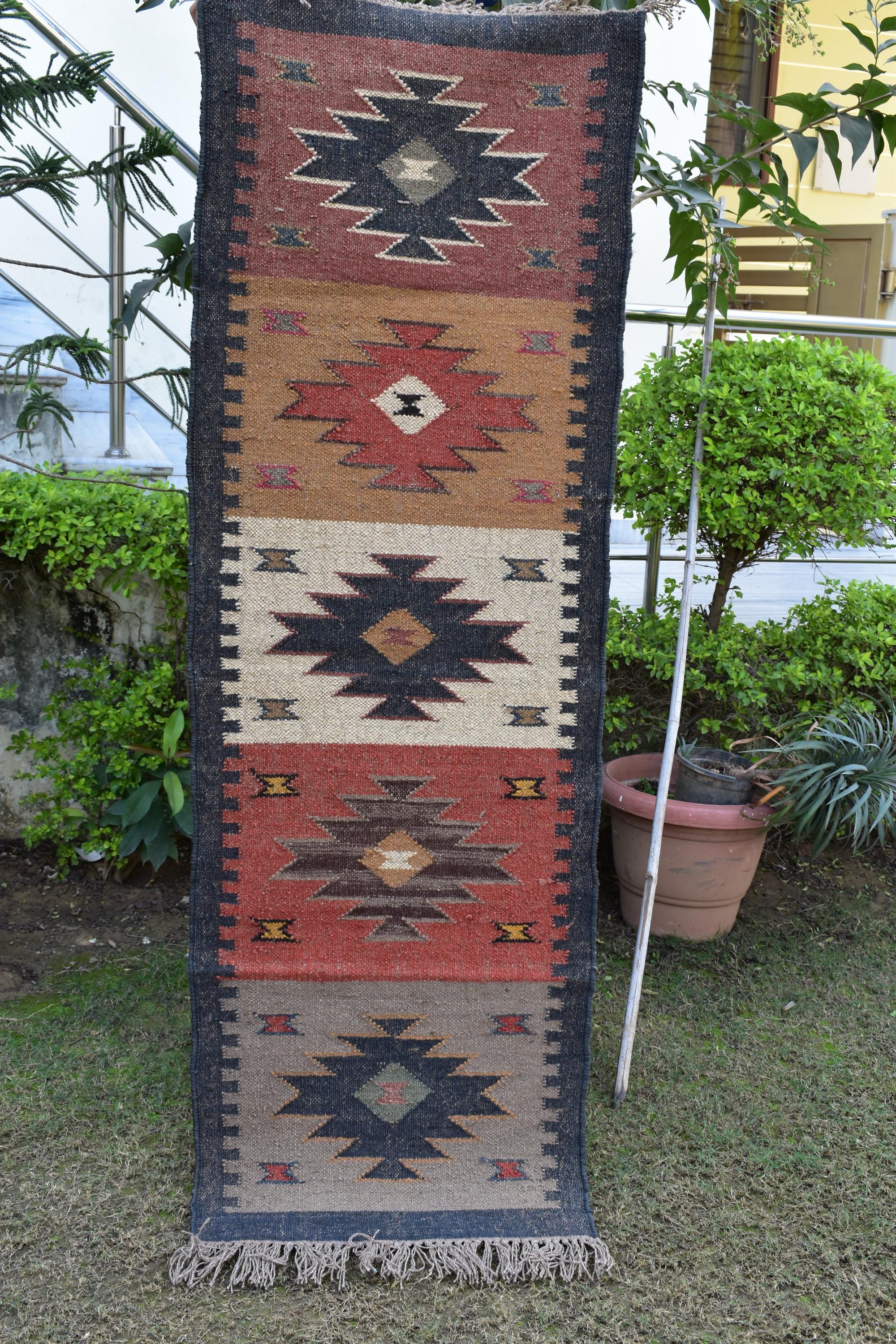 Boho Wool & Jute Kilim Runner | Earthy Hallway Rug | Rustic Rug | Handwoven Tribal Carpet