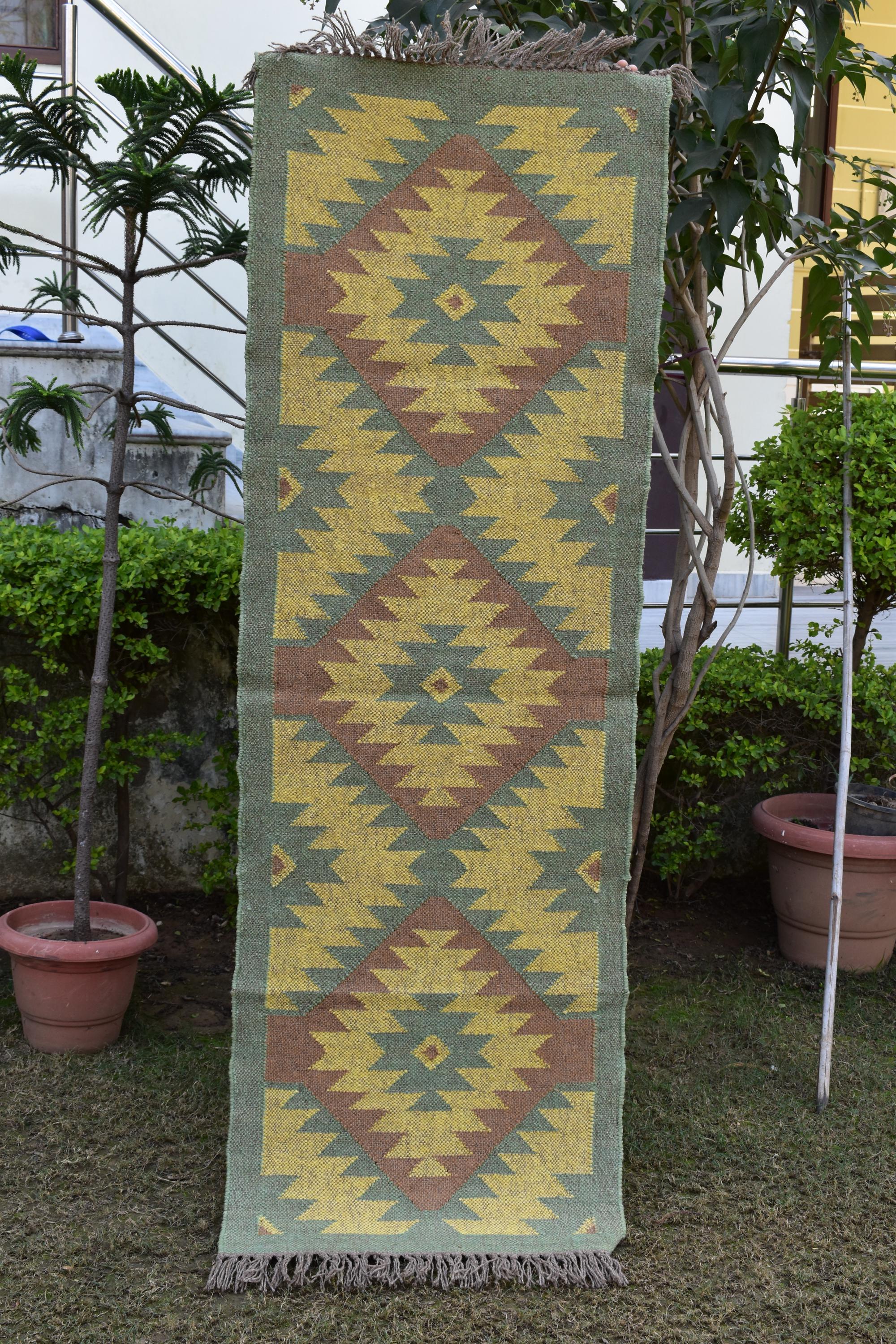Multicolor Wool & Jute Kilim Runner | Handmade Tribal Pattern Rug | Earth Tone Kilim Runner Rug