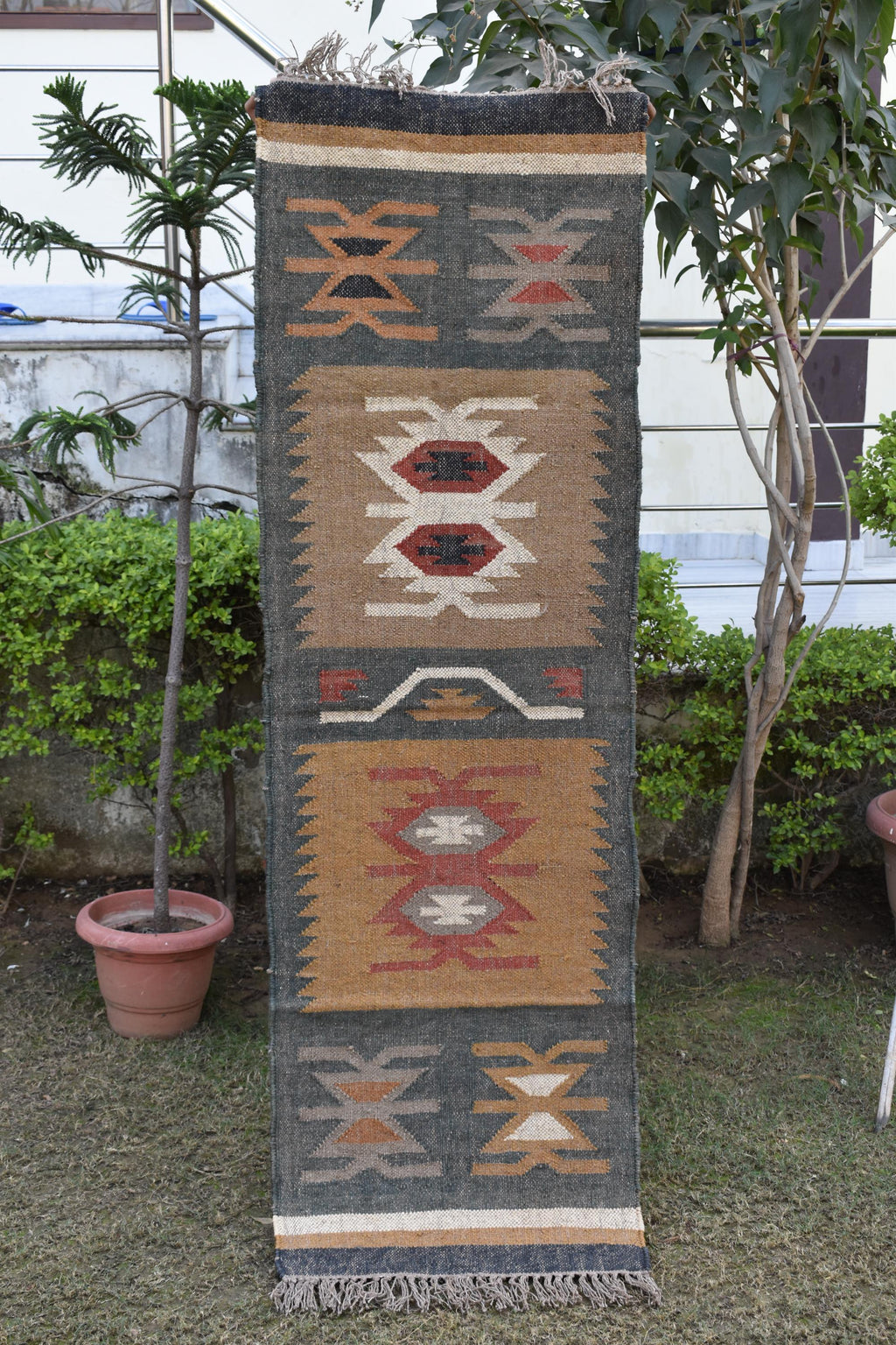 Handwoven Wool Jute Artisan Flatweave | Neutral & Rustic Wool Jute Runner | Tribal Geometric Kilim
