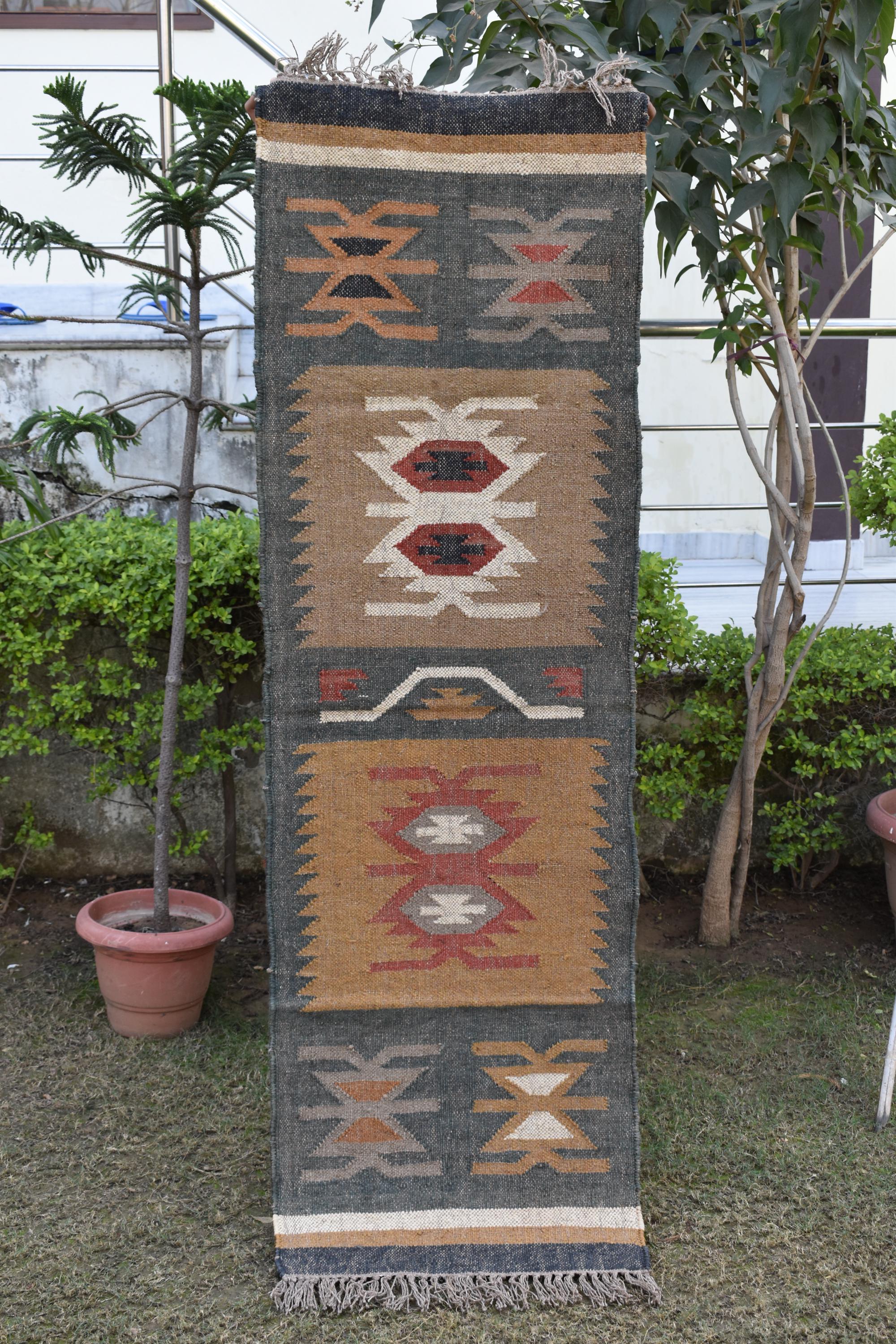Handwoven Wool Jute Artisan Flatweave | Neutral & Rustic Wool Jute Runner | Tribal Geometric Kilim