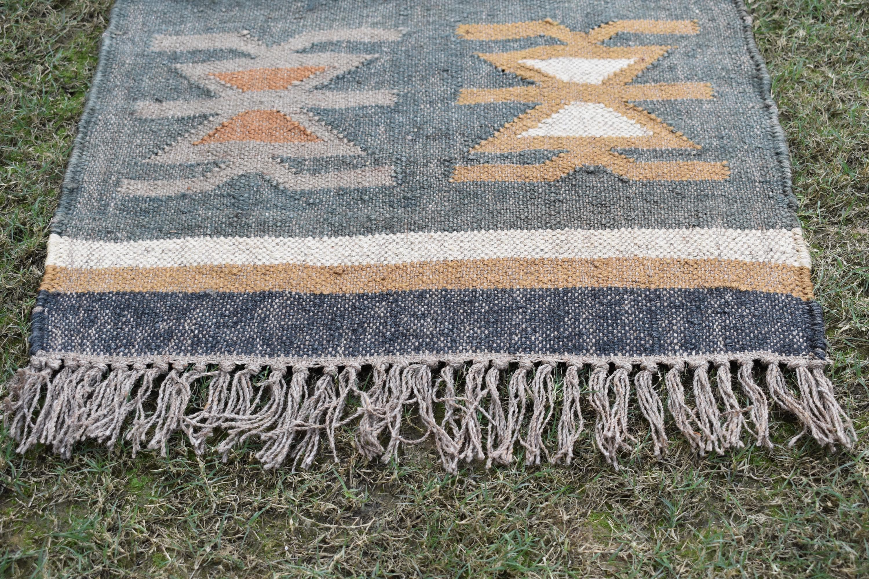 Handwoven Wool Jute Artisan Flatweave | Neutral & Rustic Wool Jute Runner | Tribal Geometric Kilim
