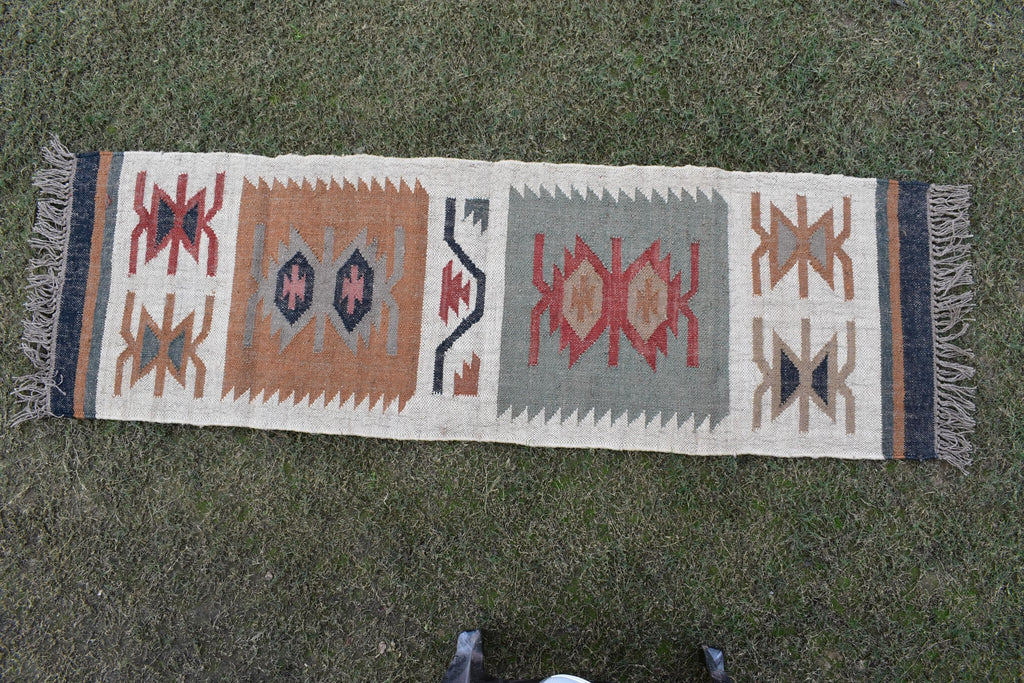 Wool Jute Kilim Runner Rug | Timeless Tribal Design Handcrafted Wool & Jute Rug| Traditional Hallway Rug