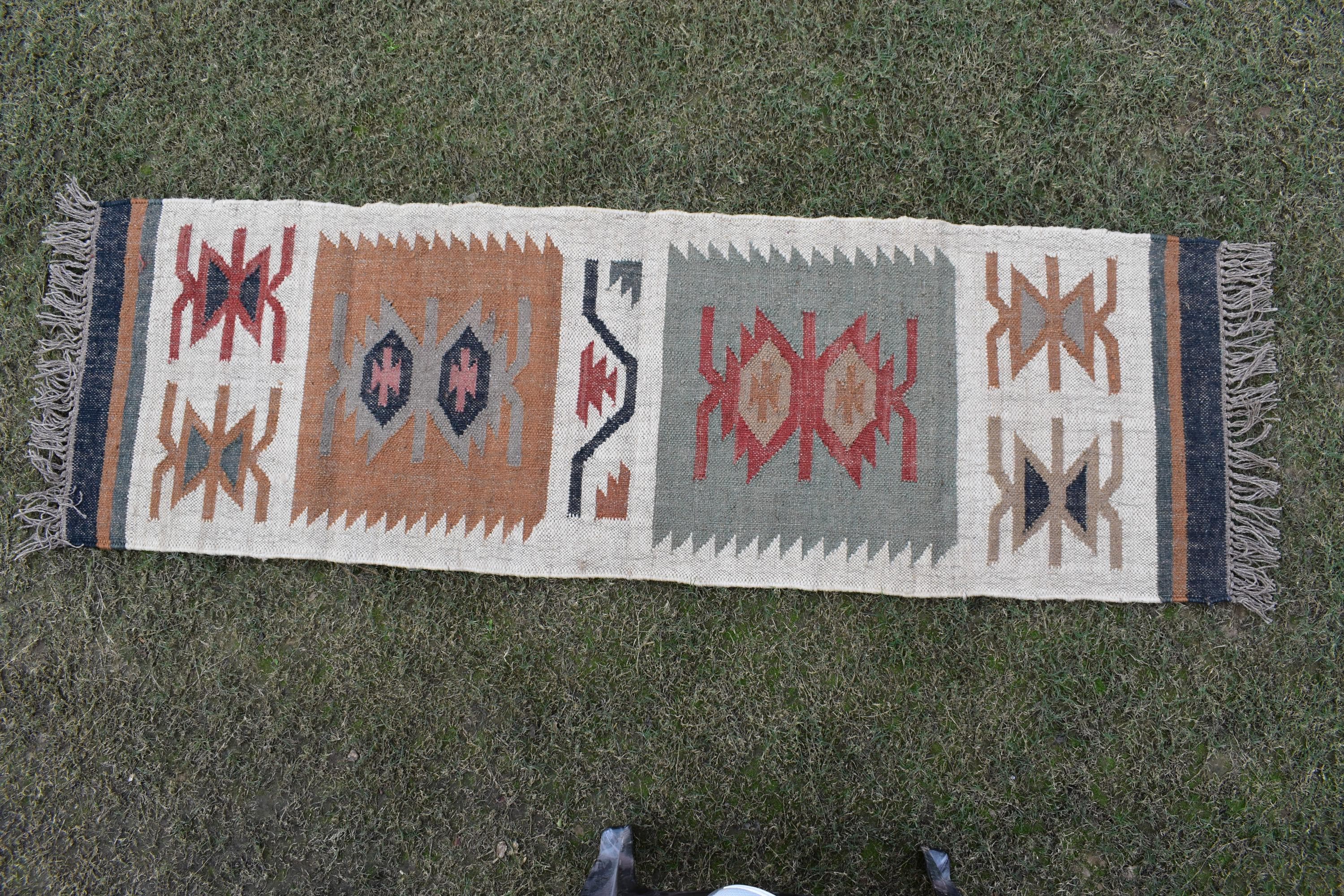 Wool Jute Kilim Runner Rug | Timeless Tribal Design Handcrafted Wool & Jute Rug| Traditional Hallway Rug