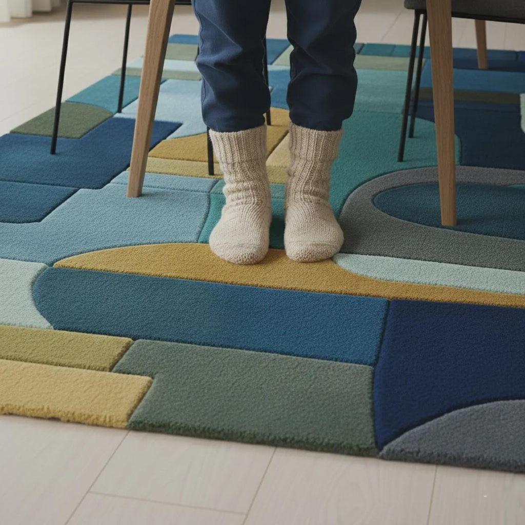 Geometric Block Area Rug: Mid-Century Modern Navy, Teal & Gold Teppich – Contemporary Stained Glass Carpet Teppich