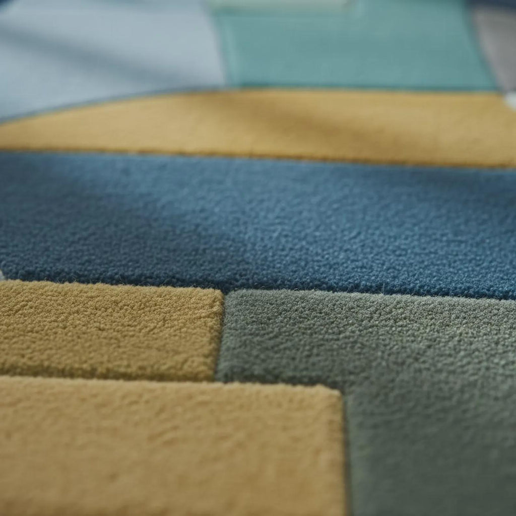 Geometric Block Area Rug: Mid-Century Modern Navy, Teal & Gold Teppich – Contemporary Stained Glass Carpet Teppich