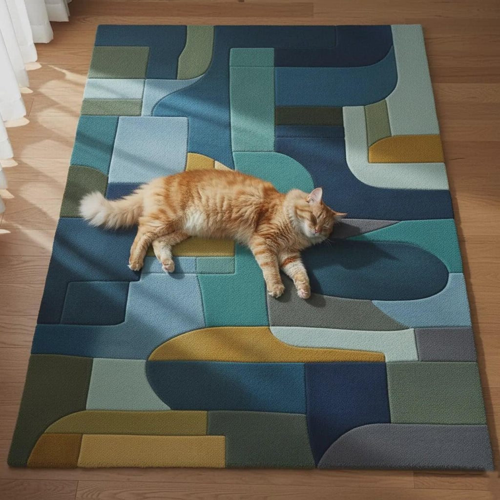Geometric Block Area Rug: Mid-Century Modern Navy, Teal & Gold Teppich – Contemporary Stained Glass Carpet Teppich