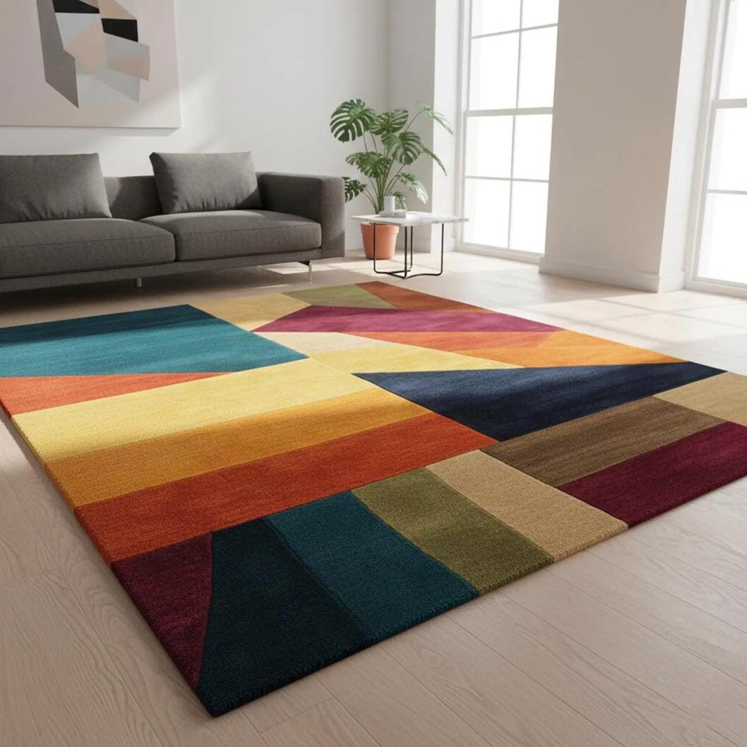 Abstract Geometric Block Rug – Teal Green Orange Modern Area Rug – Colorful Carpet Teppich