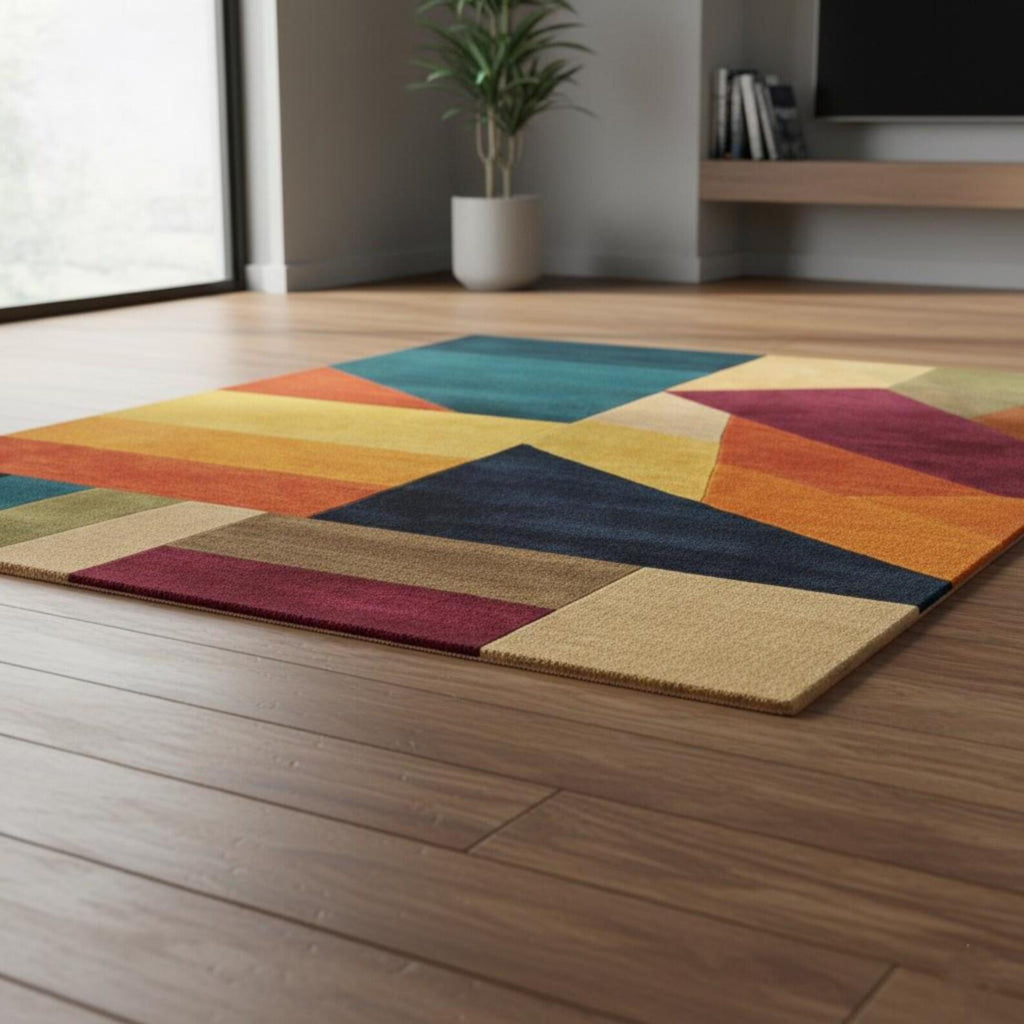 Abstract Geometric Block Rug – Teal Green Orange Modern Area Rug – Colorful Carpet Teppich