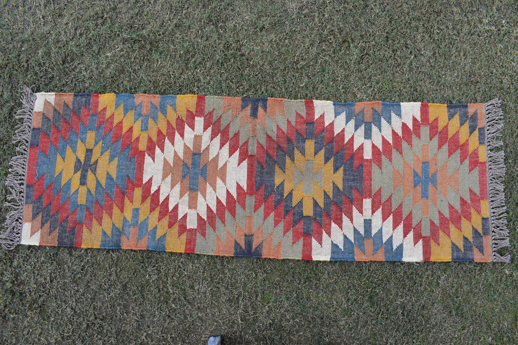 Vintage Style Wool & Jute Kilim Runner Classic Tribal Flatweave Rug | Boho Wool Jute Kilim Runner Rug | Timeless Tribal Runner