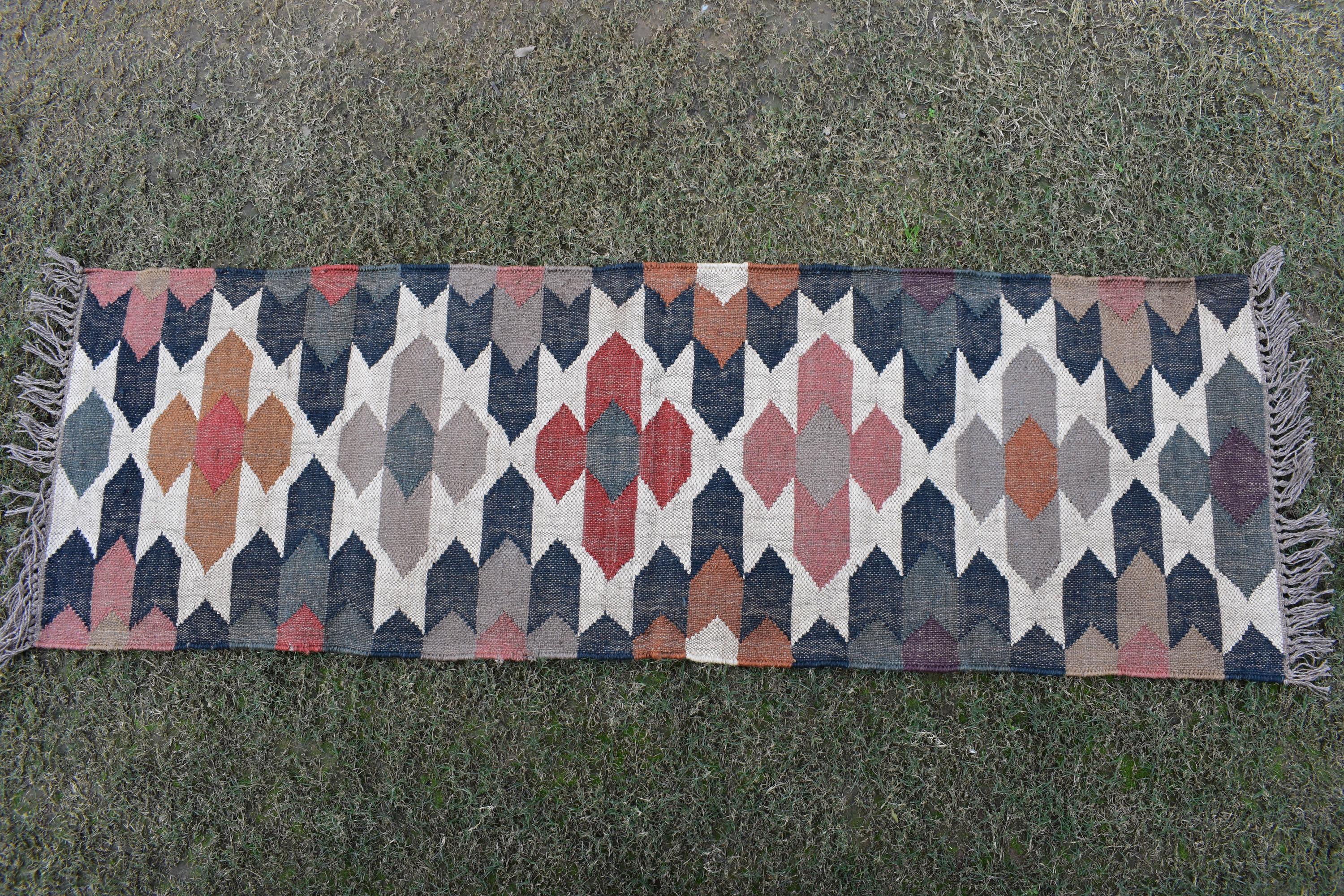 Natural Kilim Runner Rug Colorful Geometric Wool Jute Runner | Boho Tribal Hallway Rug | Flat Weave Style Runner