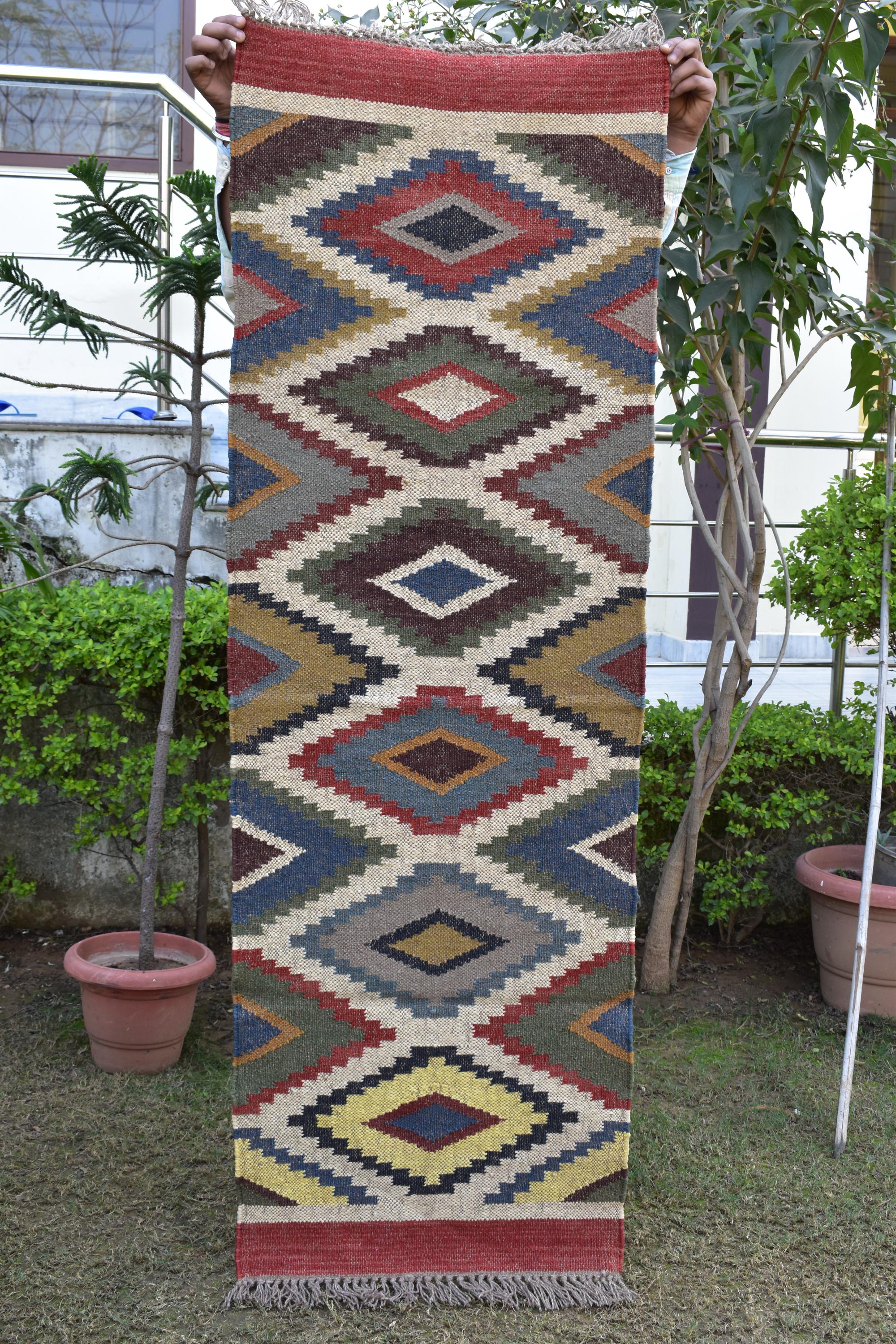 Handwoven Wool Jute Runner Rug size | Boho Hallway & Stair Runner Natural Kilim Carpet for Living Room Rustic Home Decor