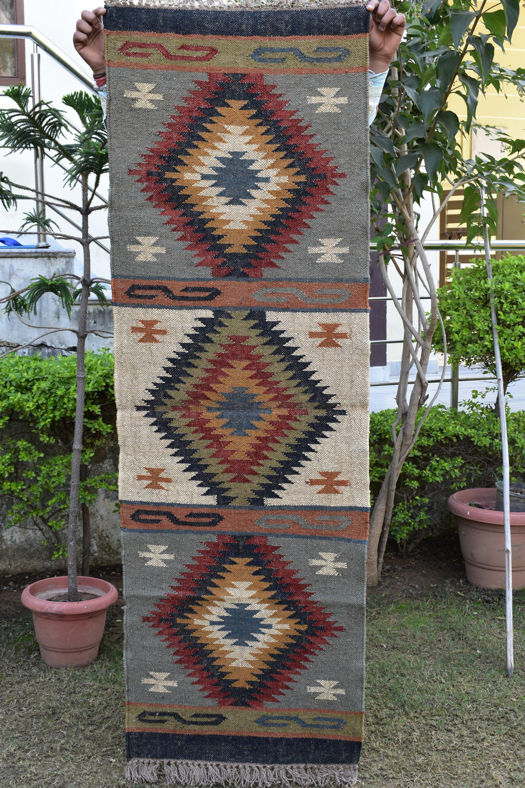 Wool and Jute Runner Rug | Authentic Tribal Motifs in Flatweave Style | Tribal Geometric Kilim | Living Room Runner