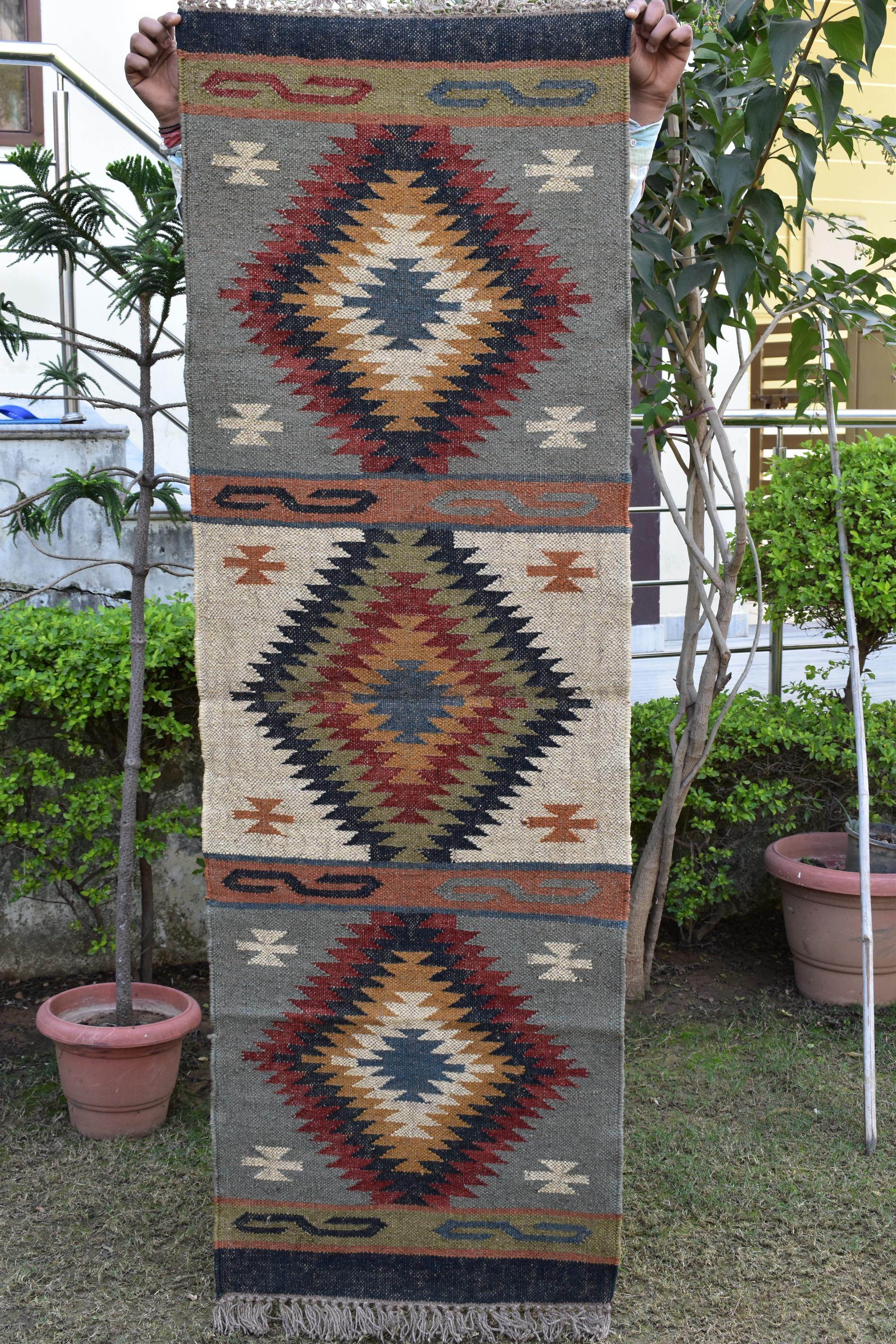 Wool and Jute Runner Rug | Authentic Tribal Motifs in Flatweave Style | Tribal Geometric Kilim | Living Room Runner