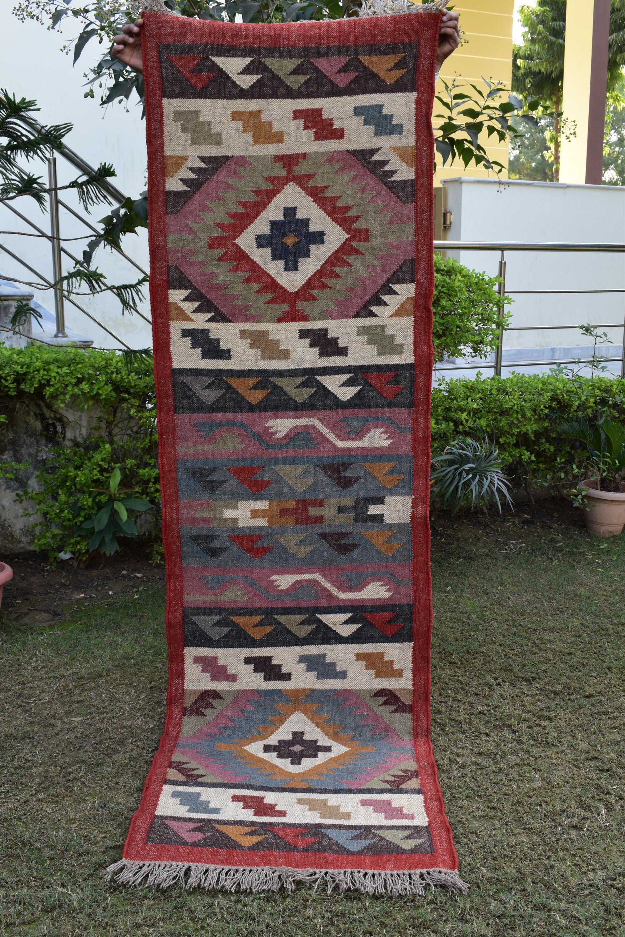 Handmade Wool and Jute Kilim Dhurrie Rug Traditional Indian Design | Runner For Kitchen | Stairs Runner | Housewarming Gifts