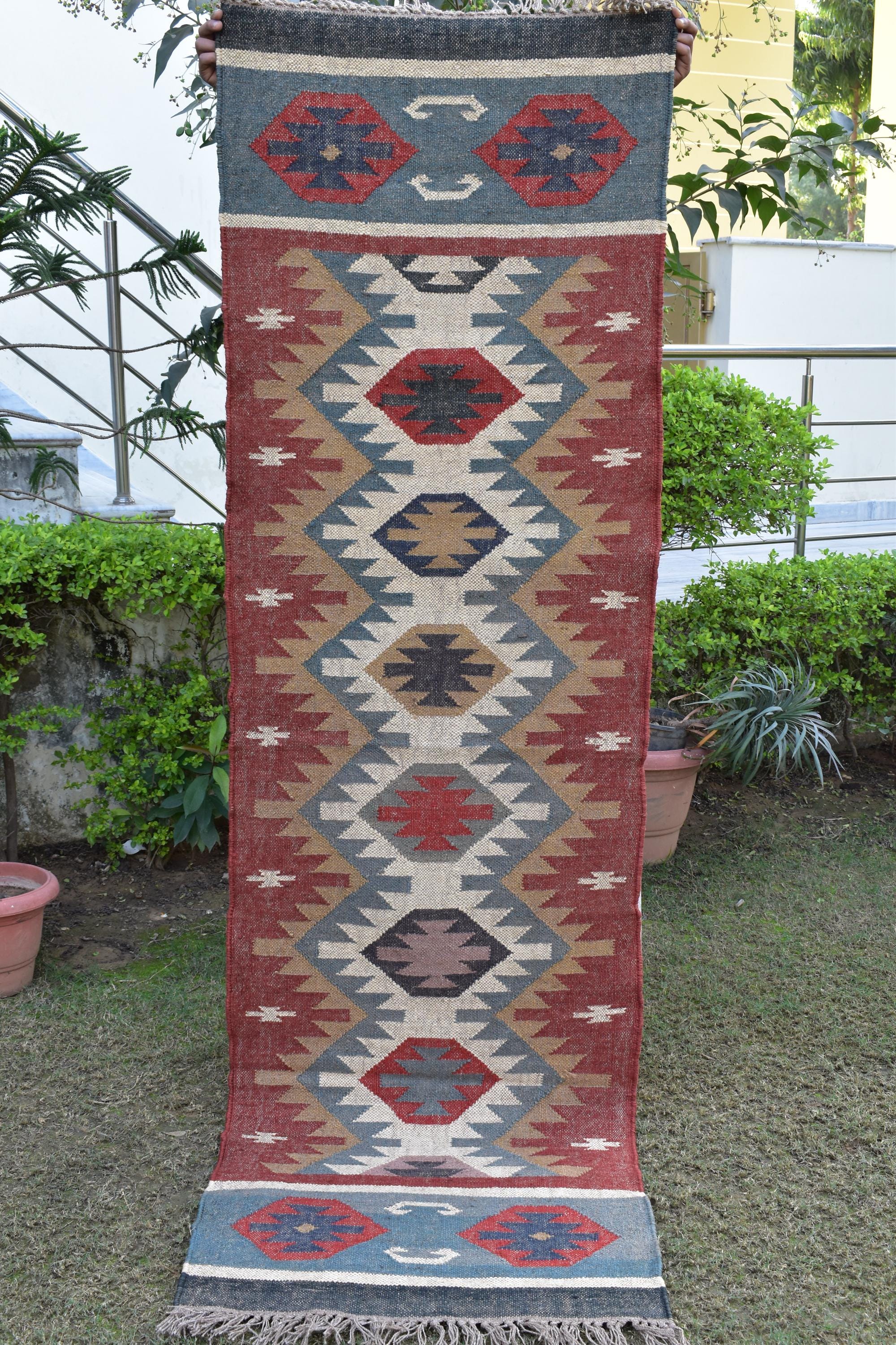 Handwoven Kilim Stair Runner, Custom Size Natural Jute Rug for Indoor Outdoor Stairs, Hallway, Geometric Eco-Friendly Rug for Home Decor