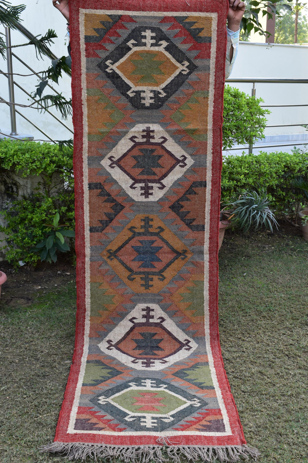 Handwoven Tribal Kilim Runner | Geometric Diamond Pattern | Wool Flatweave Runner Rug | Southwestern Boho Style
