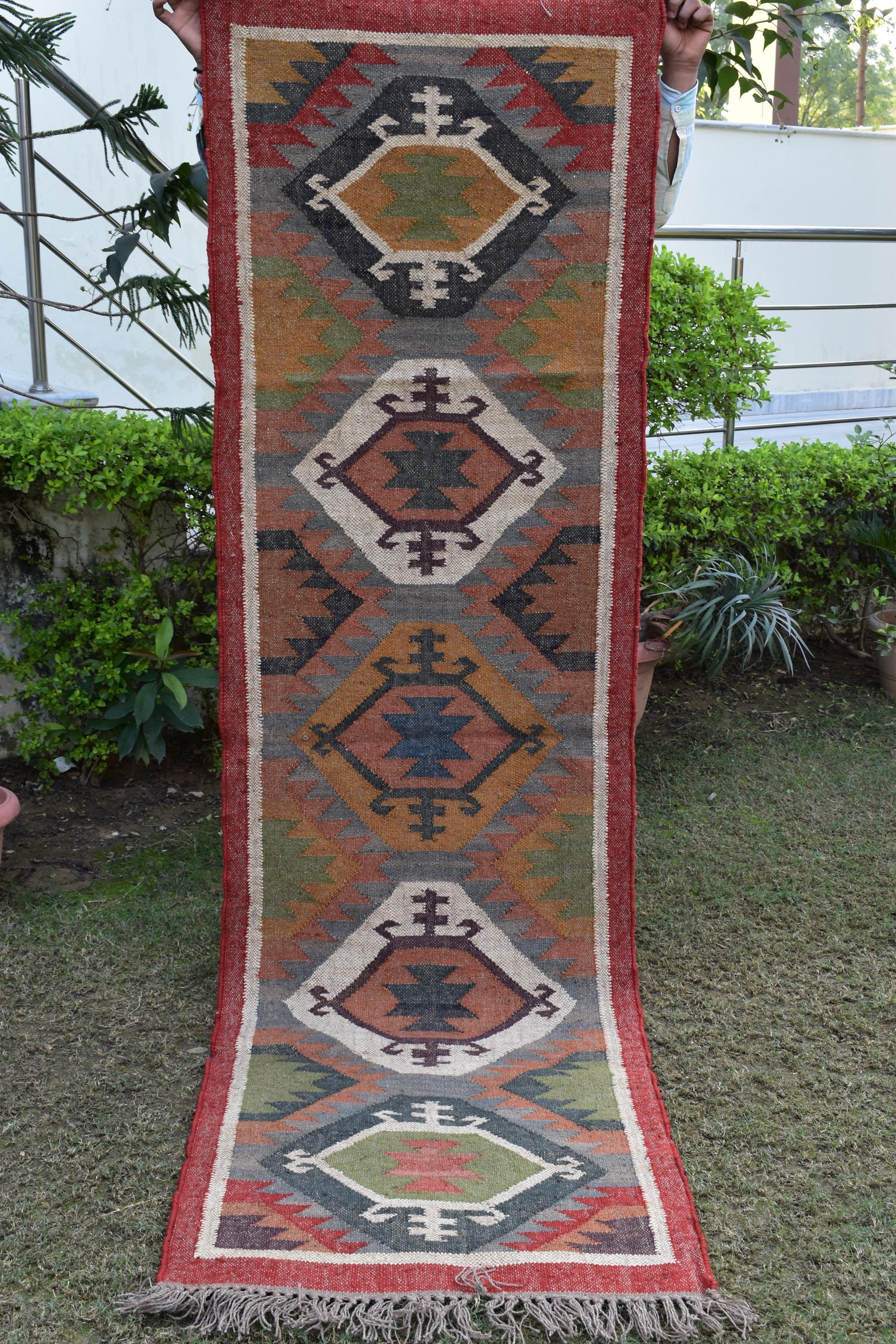 Handwoven Tribal Kilim Runner | Geometric Diamond Pattern | Wool Flatweave Runner Rug | Southwestern Boho Style