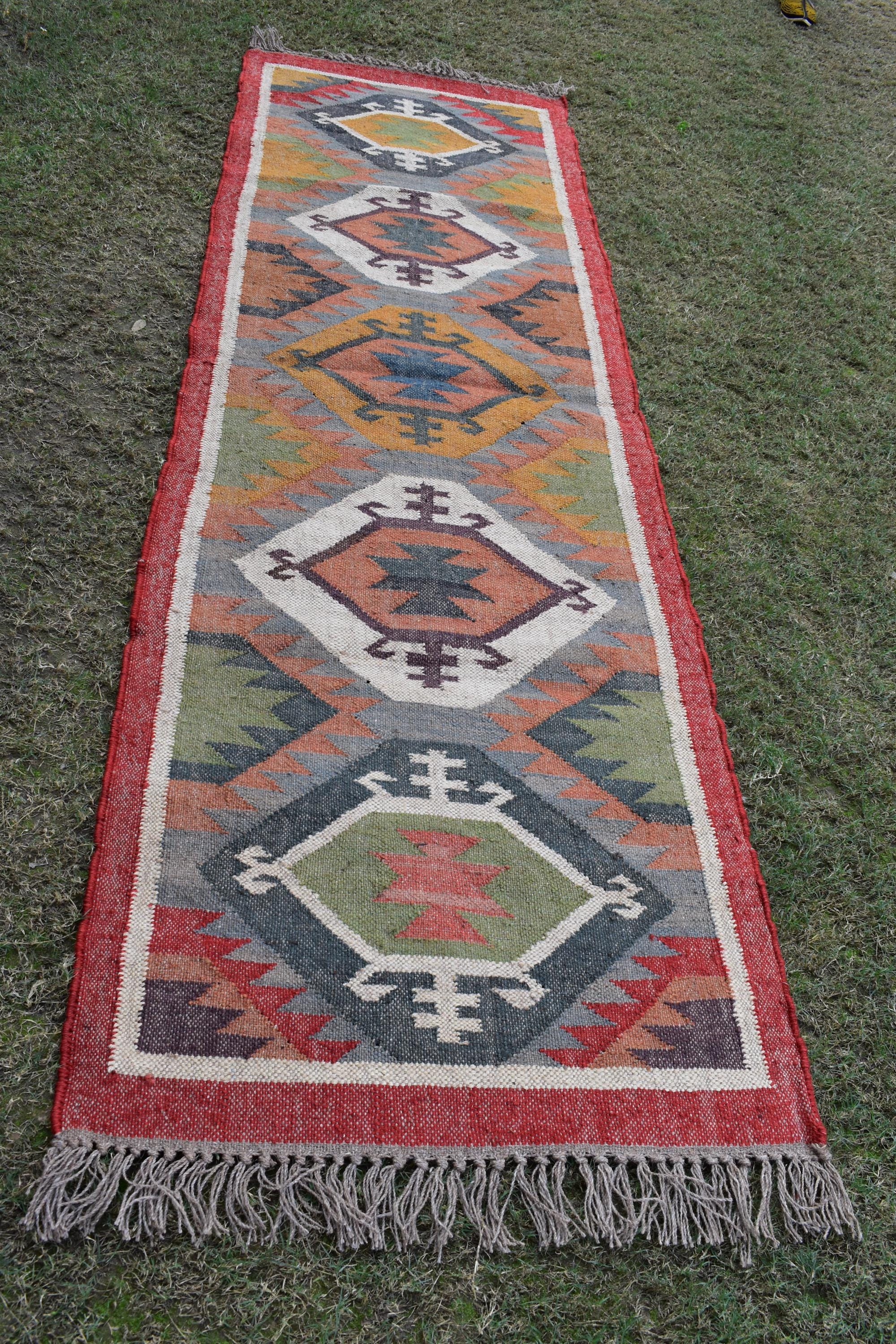 Handwoven Tribal Kilim Runner | Geometric Diamond Pattern | Wool Flatweave Runner Rug | Southwestern Boho Style