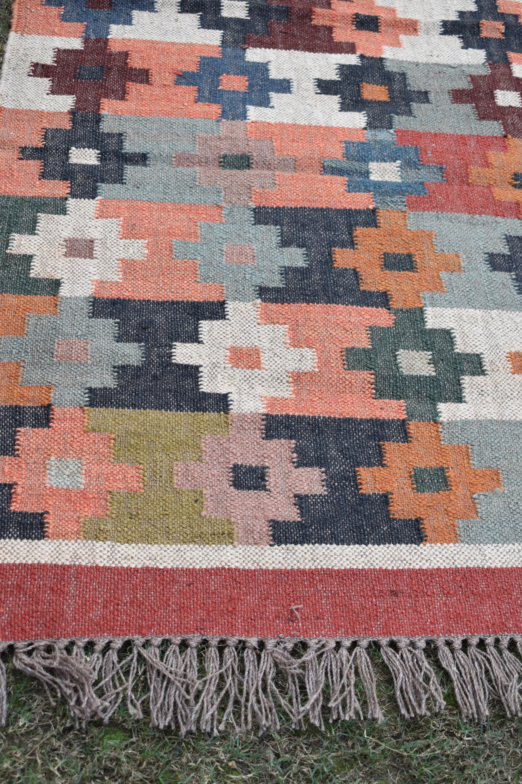 Handwoven Wool Kilim Area Rug | Tribal Diamond Medallion Pattern | Rustic Boho Flatweave Rug | Ethnic Home Decor | Handwoven Wool Rug