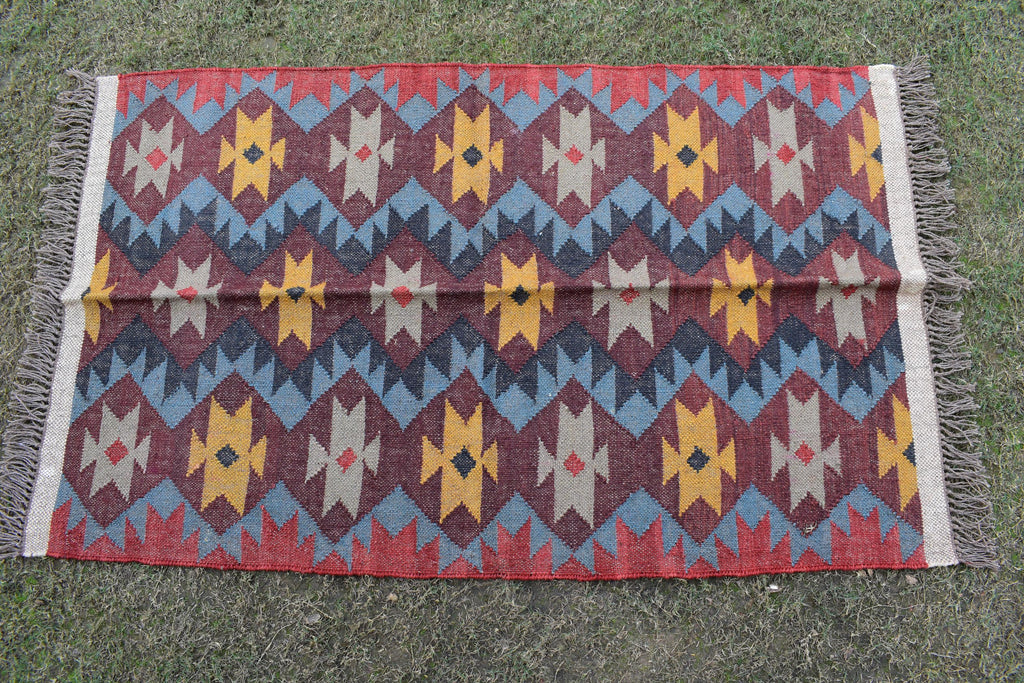 Handwoven Wool Jute Runner Rug | Tribal Geometric Kilim Design | Boho Vintage Style Hallway & Living Room Carpet