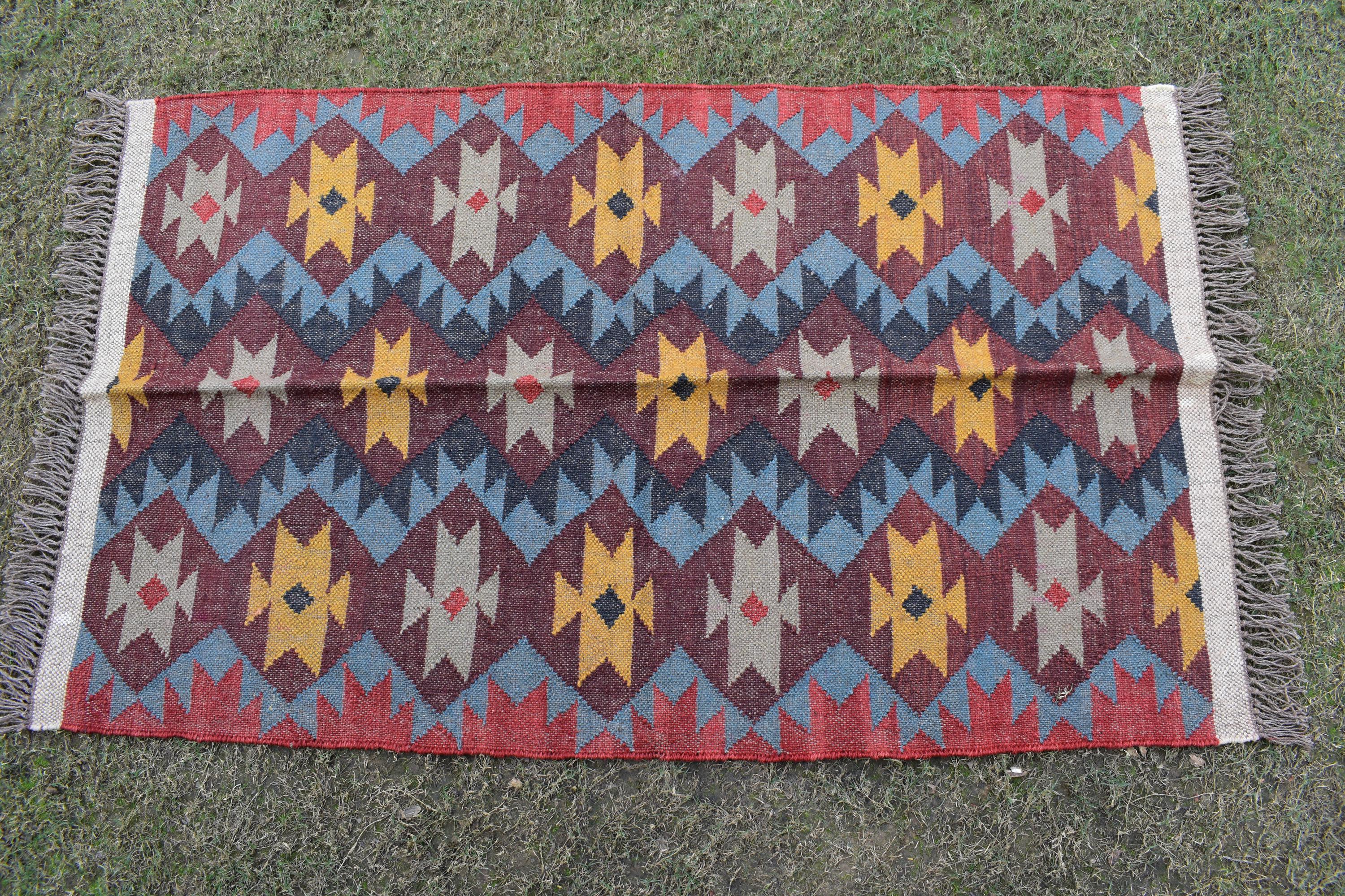 Handwoven Wool Jute Runner Rug | Tribal Geometric Kilim Design | Boho Vintage Style Hallway & Living Room Carpet