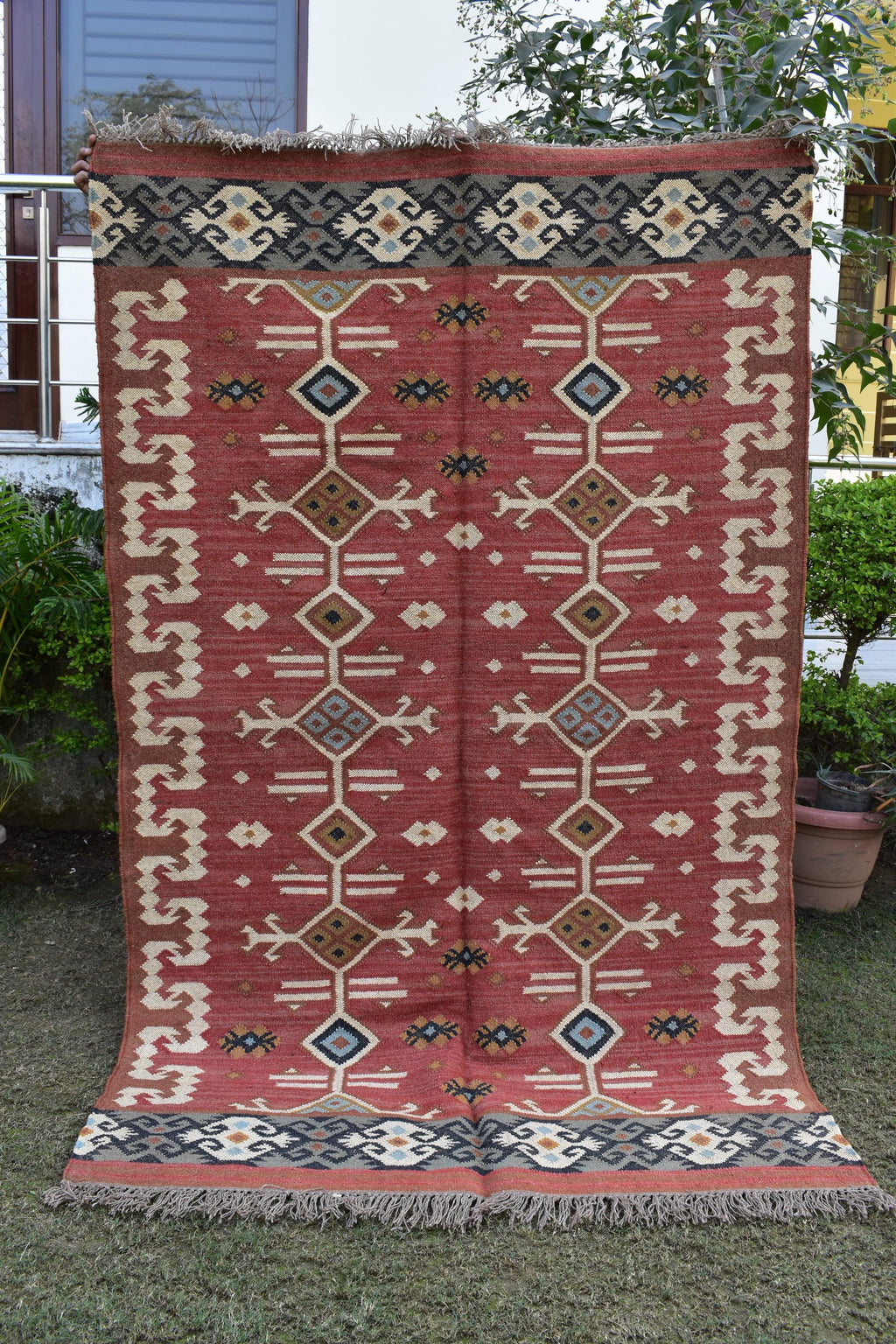 Rustic Wool Jute Kilim Rug, Tribal Flat Weave Area Rug, Handmade Indian Boho Carpet, Natural Fiber Floor Rug