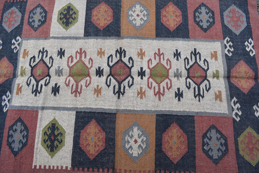 Handwoven Wool Jute Kilim Rug | Tribal Geometric Medallion Design | Boho Vintage Area Rug for Living Room & Bedroom